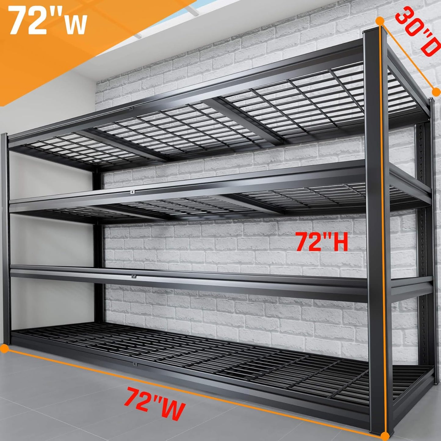 72" W Storage Shelves Heavy Duty Garage Shelving 30" D Metal Shelving Unit, 4 Tier Adjustable Shelves, 5000LBS Steel Industrial Shelving for Basement Warehouse Commercial, 72" W*30" D*72”H