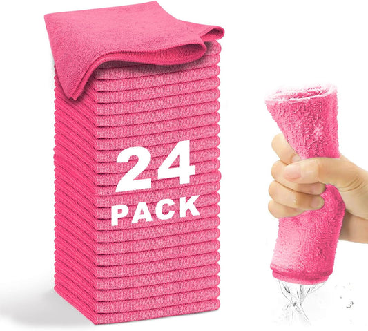 Microfiber Cleaning Cloth-24Pcs (13x13 inch) Ultra Soft Highly Absorbent Rags for Housekeeping-Machine Wash (HotPink)