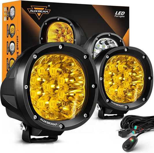 Auxbeam P4 Series LED Amber Fog Lights, 4 Inch 90W Yellow Round Offroad Light Bar, Spot Beam Off Road LED Pods Bumper Ditch Lights, for Trucks Car Motorcycle UTV, Pair