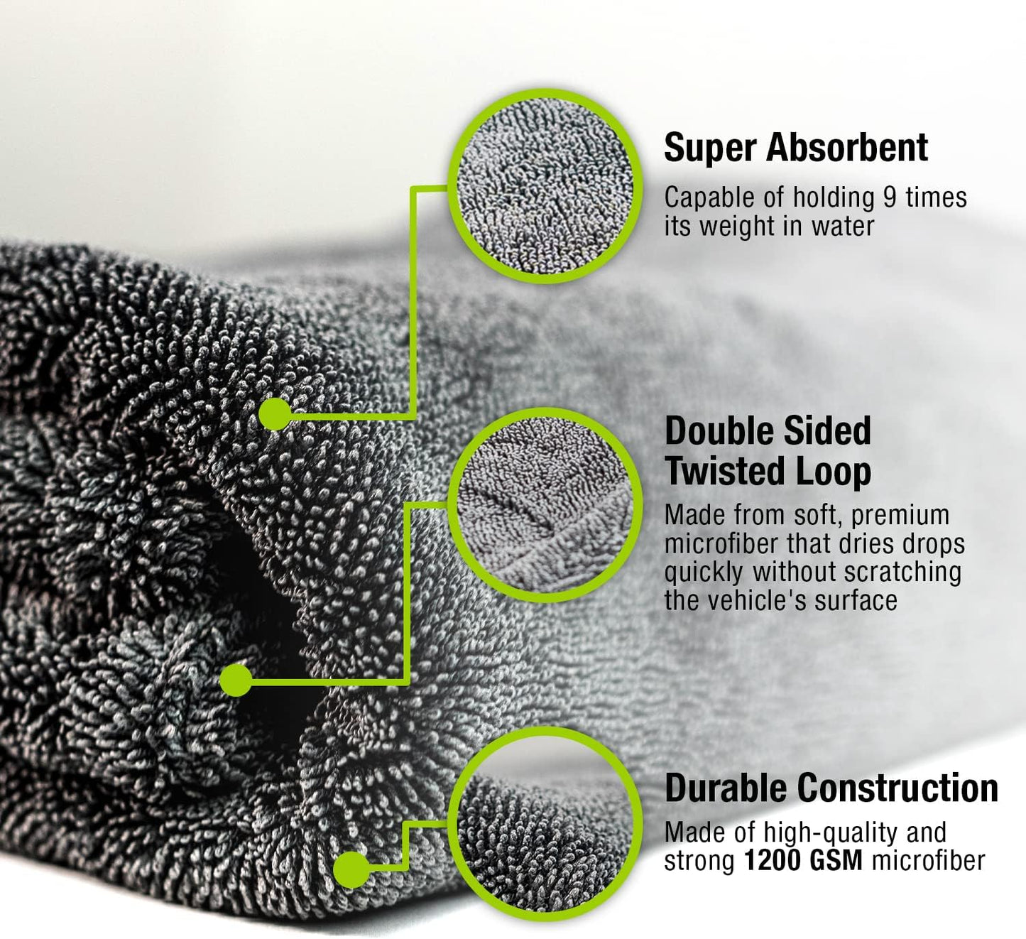 ExoForma Mega Car Drying Towel - Holds Up to 9 lbs, No Streaks, Scratches, or Water Spots | 1200 GSM Microfiber Double Twist Pile & Edgeless Design, 1 Quick & Effortless Dry - 24” x 36”