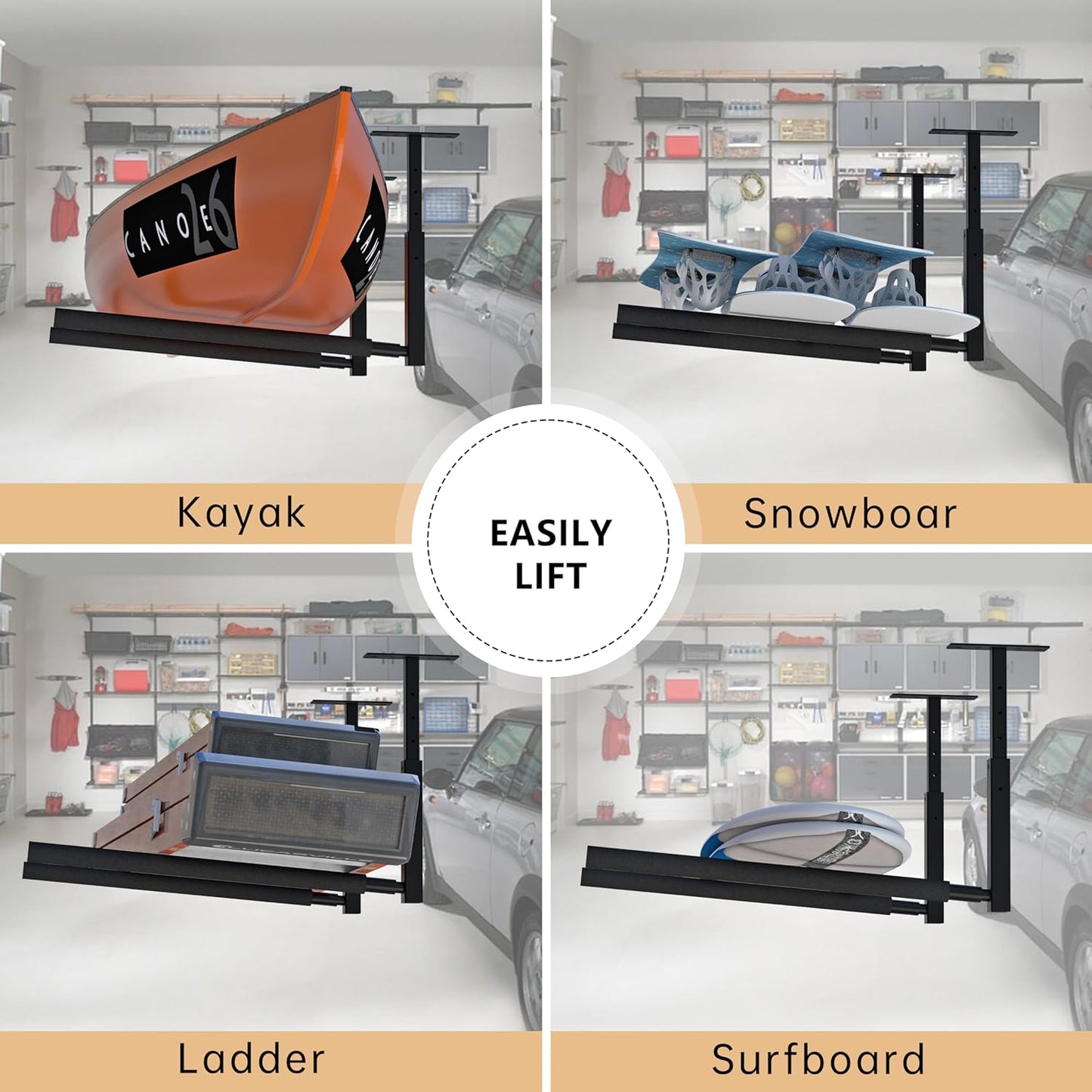 Adjustable Ladder Ceiling Rack, Kayak Overhead Garage Storage Rack, Garage Ceiling Storage for Kayak, Ladder, Surfboard, Snowboar Overhead Hanger, Holds 150 lbs, Black