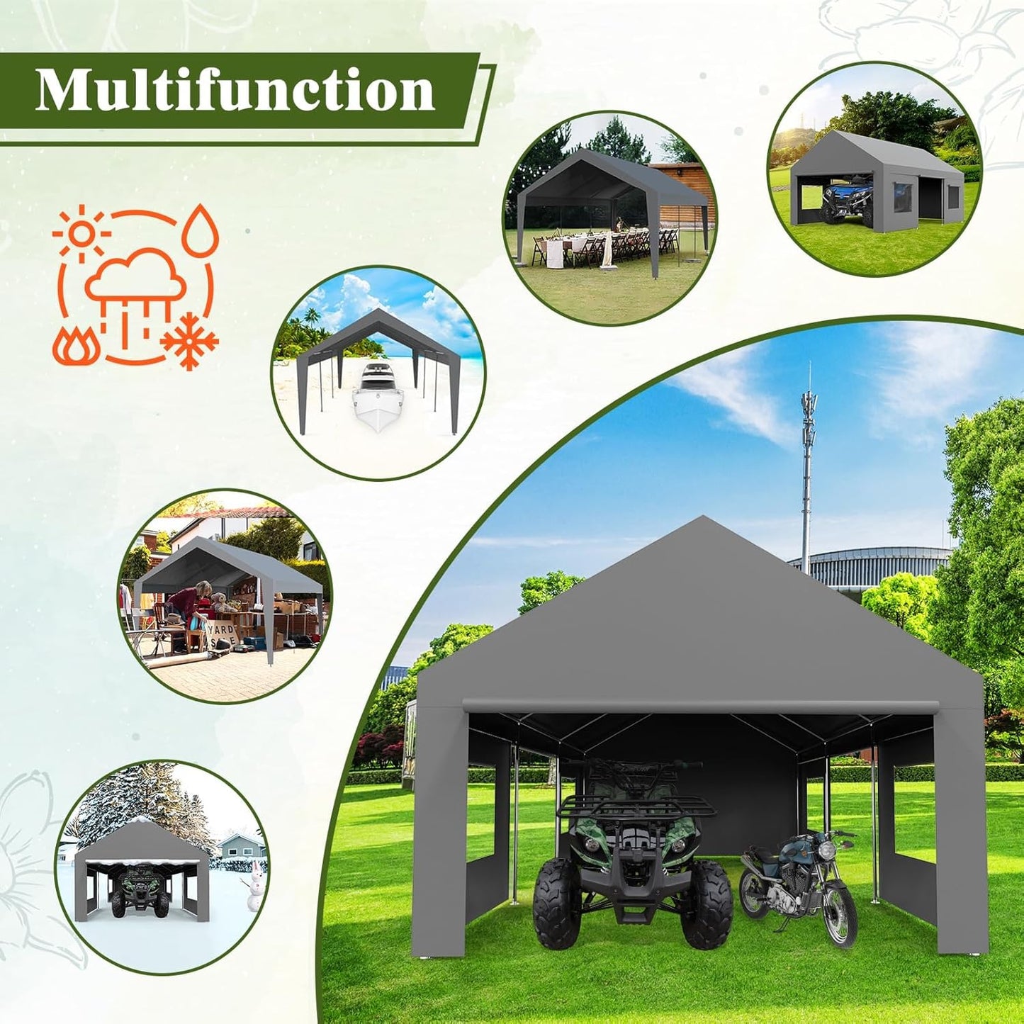 13x20 FT Heavy Duty Carport, Oversized Portable Garage with 4 Doors & 4 Windows, Reinforced Frame, All Weather Protection Outdoor Shelter Canopy for Cars, Boats, Trucks, BBQ and Outdoor Gatherings