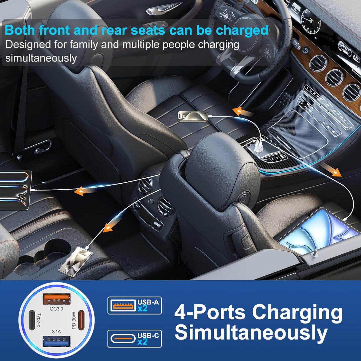 USB C Fast Car Charger, 65W 4-Port Dual USB-C & USB-A Multiport Car Phone Charger Adapter,Fast Charging Cigarette Lighter Adapter Truck Car Accessories for iPhone 16/16e/15 Pro Max,Samsung,iPad,Pixel