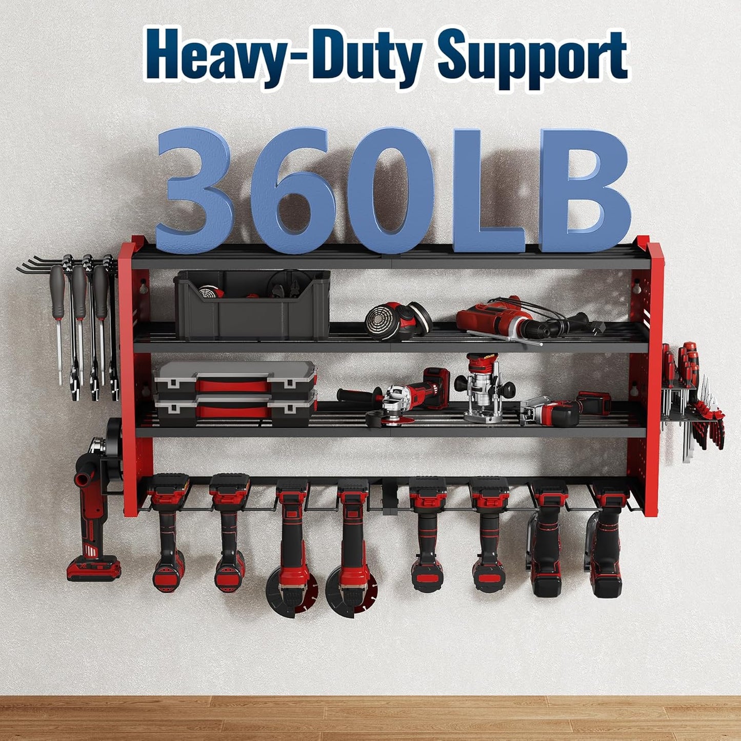 Tomorotec Wall-Mounted Power Tool Storage Rack for Drill, Toolbox & Accessories, Heavy-Duty Steel Organizer with Side Hooks and Adjustable Shelves, Easy Installation Garage & Workshop Storage (Red)