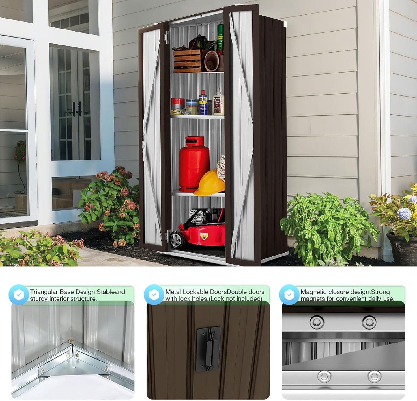 AECOJOY Outdoor Storage Cabinet Waterproof with Shelves, Vertical Tall Garden Outdoor Cabinet, Sheds & Outdoor Storage Clearance Cabinet Weatherproof for Outside in Brown