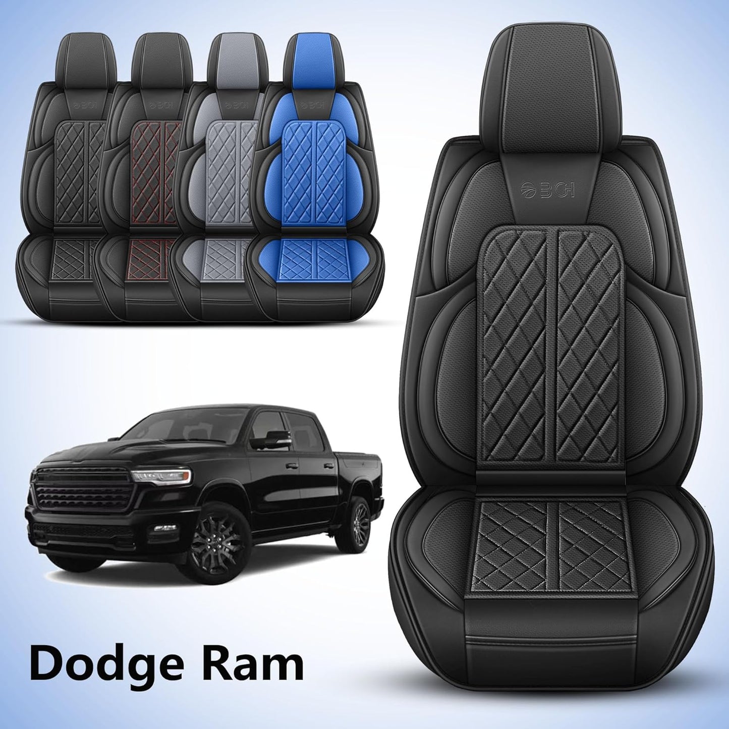 Car Seat Cover Custom Fit for Dodge Ram 1500 2500 3500 2002-2024 Faux Leather Seat Cover Set Compatible with Crew Quad Regular Cab Pickup Truck Cushions (Black, Full Set, Flat Rear)