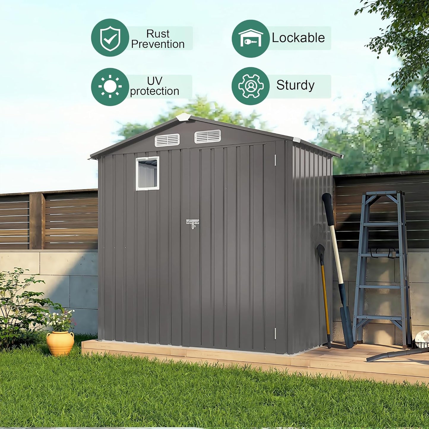 6x3.6FT Outdoor Storage Shed, Galvanized Steel Garden Shed with Lockable Door & Window, Waterproof Metal Tool Storage for Garden, Backyard, Patio, Lawn(Peak Roof)