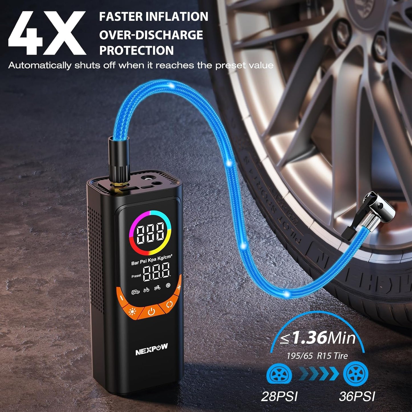 NEXPOW NP17 Portable Air Compressor, 150 PSI Digital Tire Inflator, Fast Inflation with Auto Shut-Off, LED Light, Multiple Nozzles for Car, Bike, and Ball, Compact Design, Orange