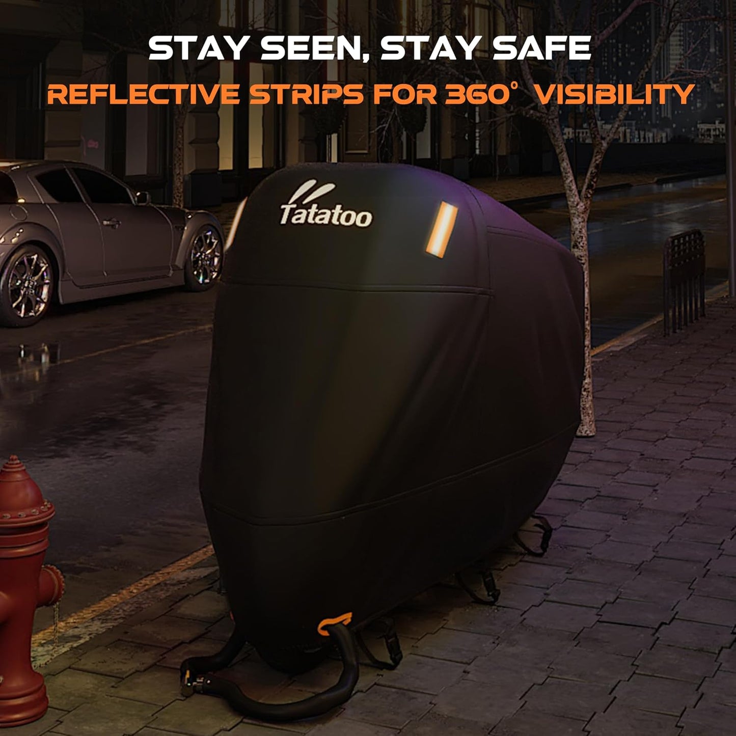 Motorcycle Cover Waterproof Outdoor, 300D Heavy Duty, UV & Rain Resistant, 3 Wind-Resistant Buckles, Dual Lock Holes, Includes Storage Bag, Fits Most Motorcycles up to 104",Black