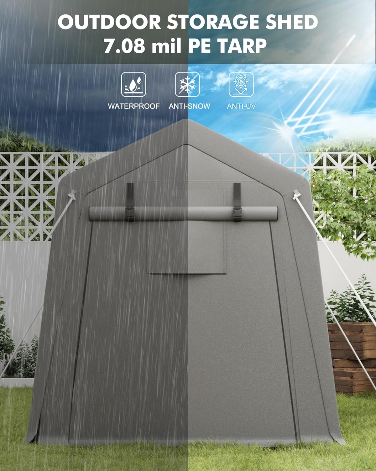 6 x 8 ft Carport Storage Shed, Portable Garage with Roll-up Zipper Door, Heavy Duty Waterproof Tarp, Storage for Motorcycle, Bike, Firewood, Garden Tools