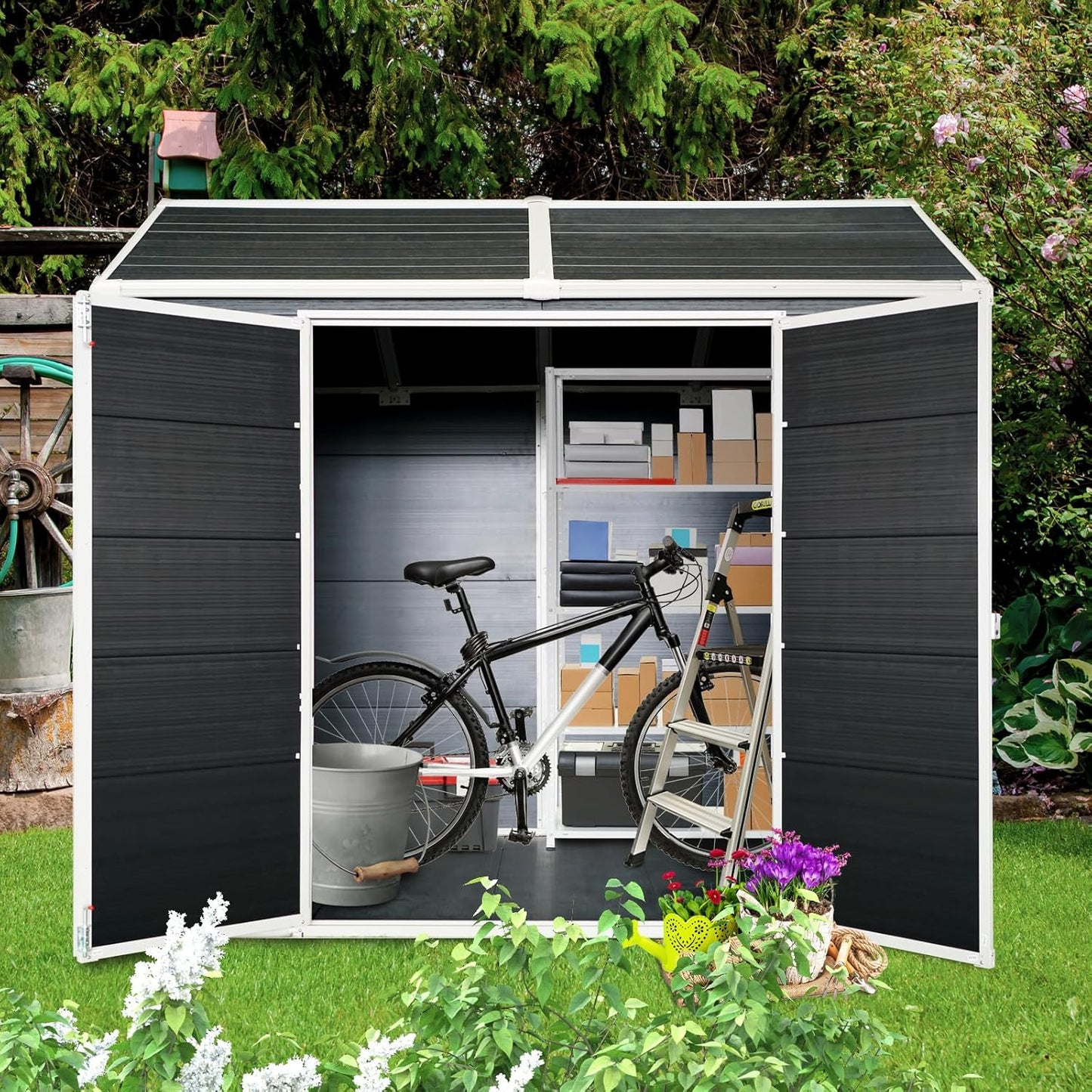 8x4 FT Outdoor Storage Shed, Resin Garden Shed with Thick Floor, Plastic Storage Shed with 2 Windows, Waterproof Outside Tool Shed with Lockable Hinged Doors for Backyard, Patio, Lawn, Black