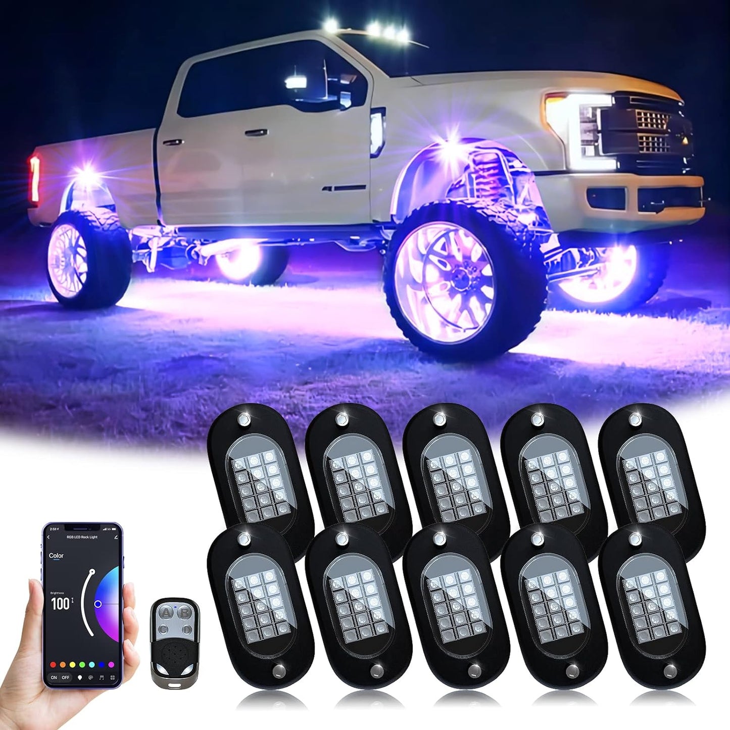 YiLaie RGB LED Rock Lights, with Phone App/Remote Control & Timing & Music Mode Rock Lights forTrucks, Waterproof Rock Light Kits for Jeep ATV RZR UTV SUV Off Road AUTO Motorcycle (10 Pods)