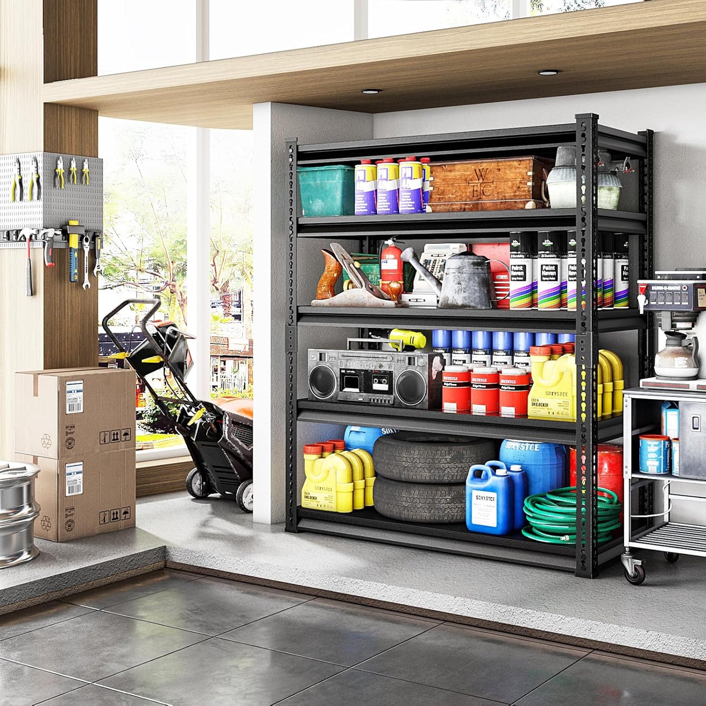 Garage Shelving Heavy Duty 3000LBS Loads, 48" W Adjustable Garage Storage Shelves, 5-Tier Metal Shelving Units and Storage, Industrial Utility Shelf, 48" Wx24 Dx78 H,Black