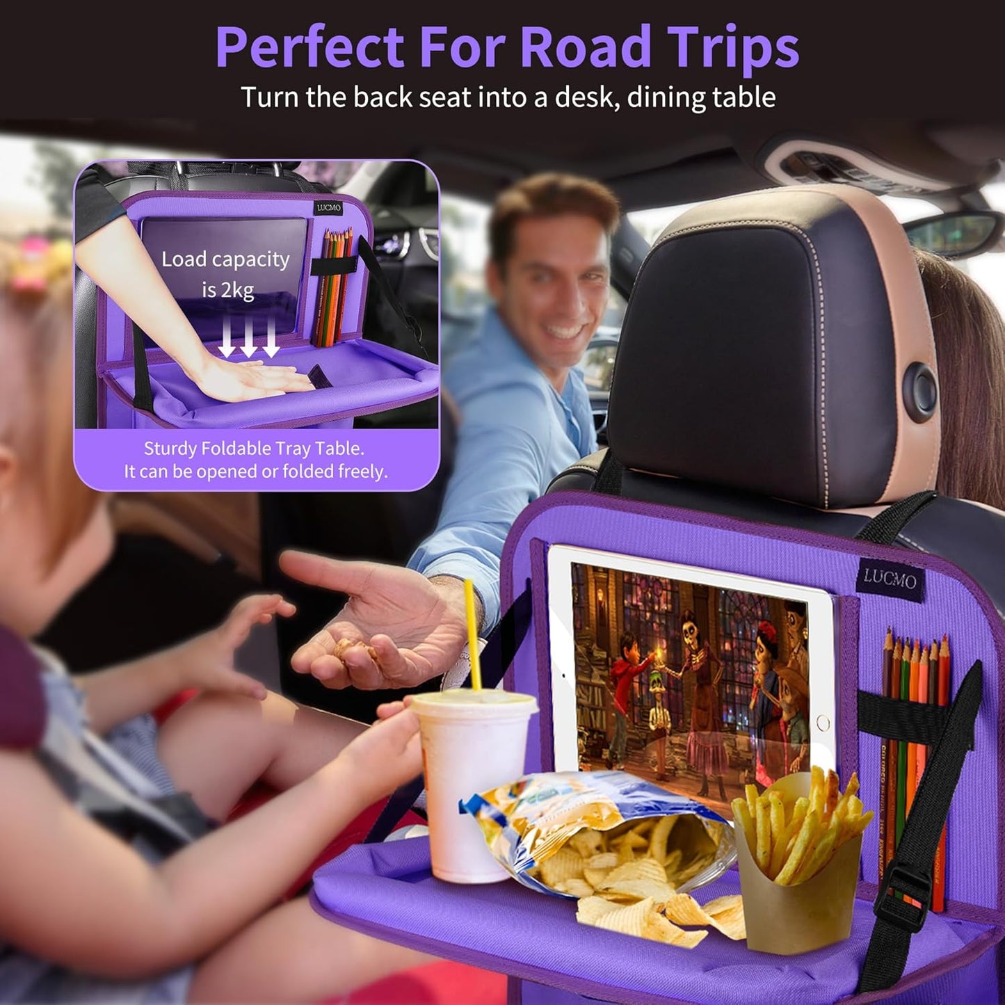 LUCMO Car Backseat Organizer with Tablet Holder,6 Storage Pockets Car Storage Organizer with Foldable Food Tray,Seat Protectors Kick Mats Travel Accessories-Dark Purple