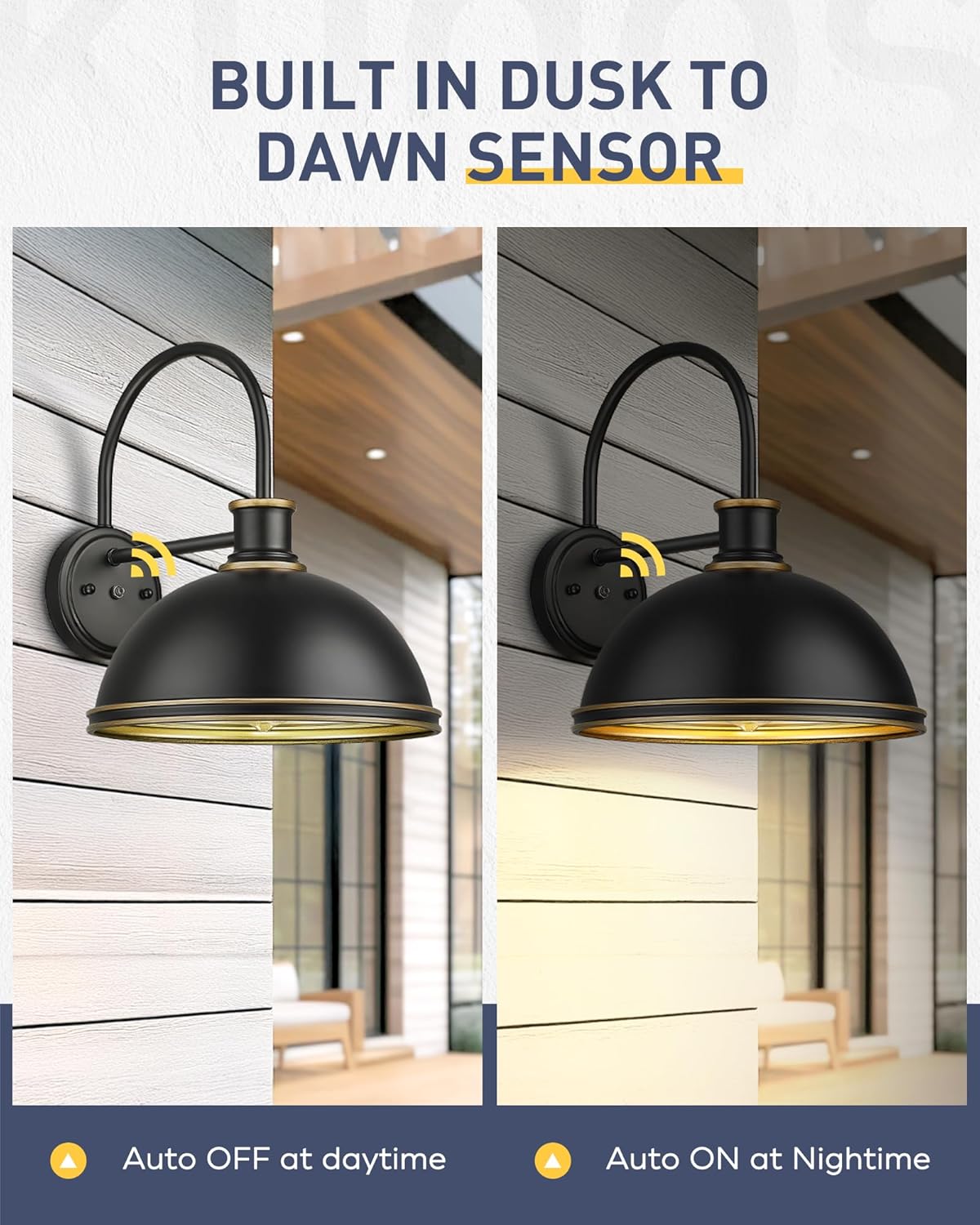 kudos Dusk to Dawn Porch Light Motion Sensor Outdoor Gooseneck Light Fixture Black Farmhouse Wall Sconce Lantern for Porch Entryway Garage, 1 Pack, KDOWL03-BK-S-LC