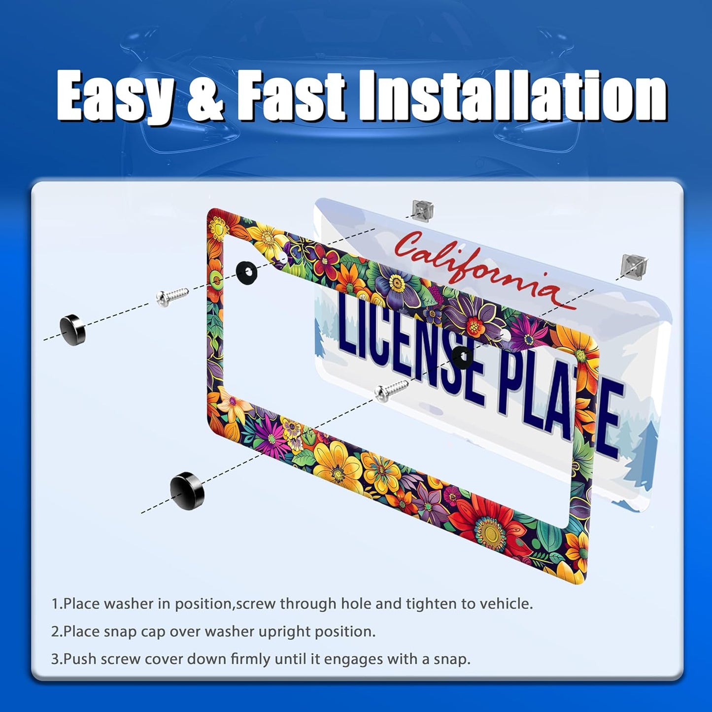 Bright Flowers Colorful Floral License Plate Frame Flower License Plate Stainless Steel Funny License Plate Holder for Women Cute Car Accessory Decoration 12.3" x 6.3"