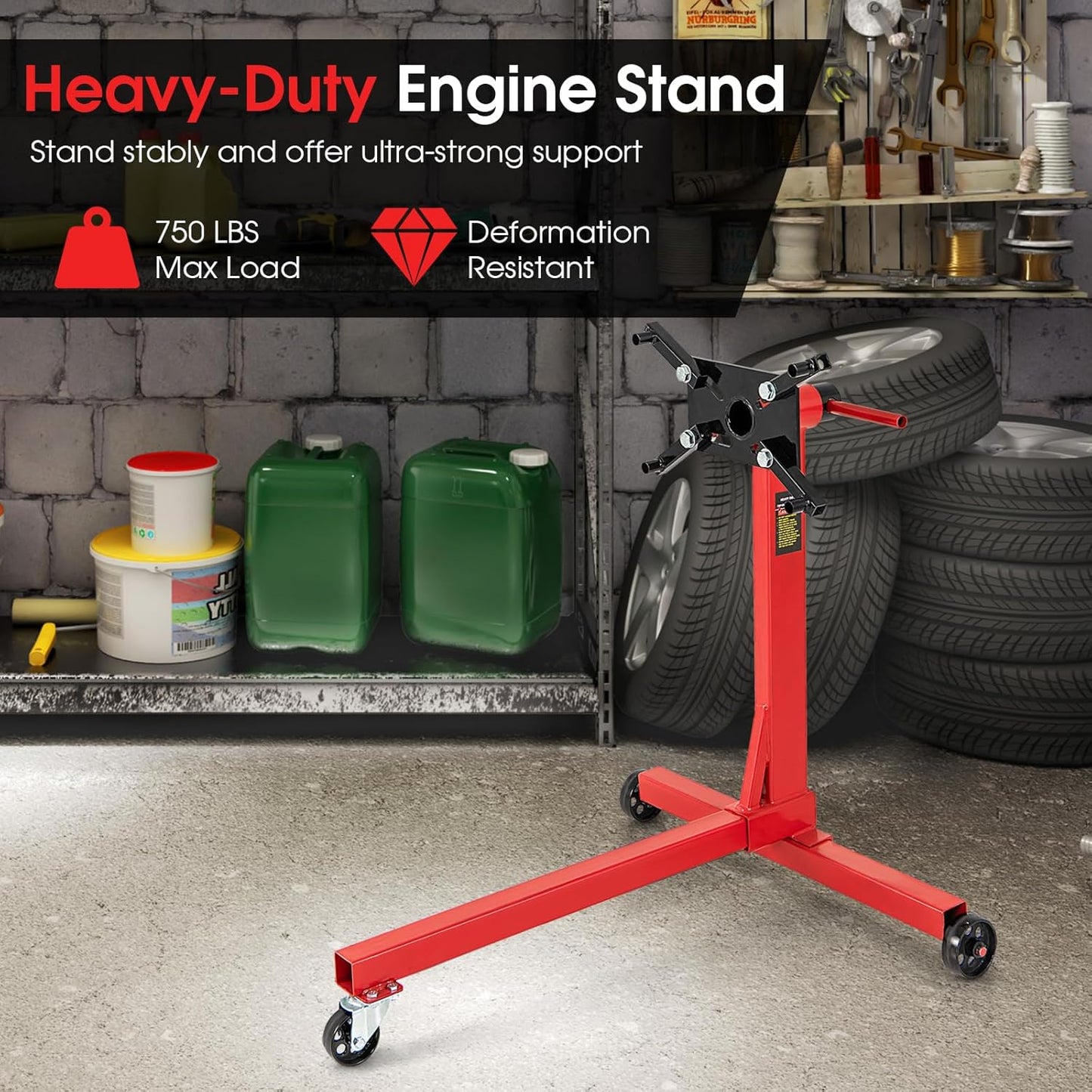 Goplus Engine Stand, 750 LBS (3/8 Ton) Motor Stand with Wheels, 360 Degree Rotating Head & Adjustable Arms, Heavy-Duty Metal Engine Holder for Garage, Auto Repair, Red