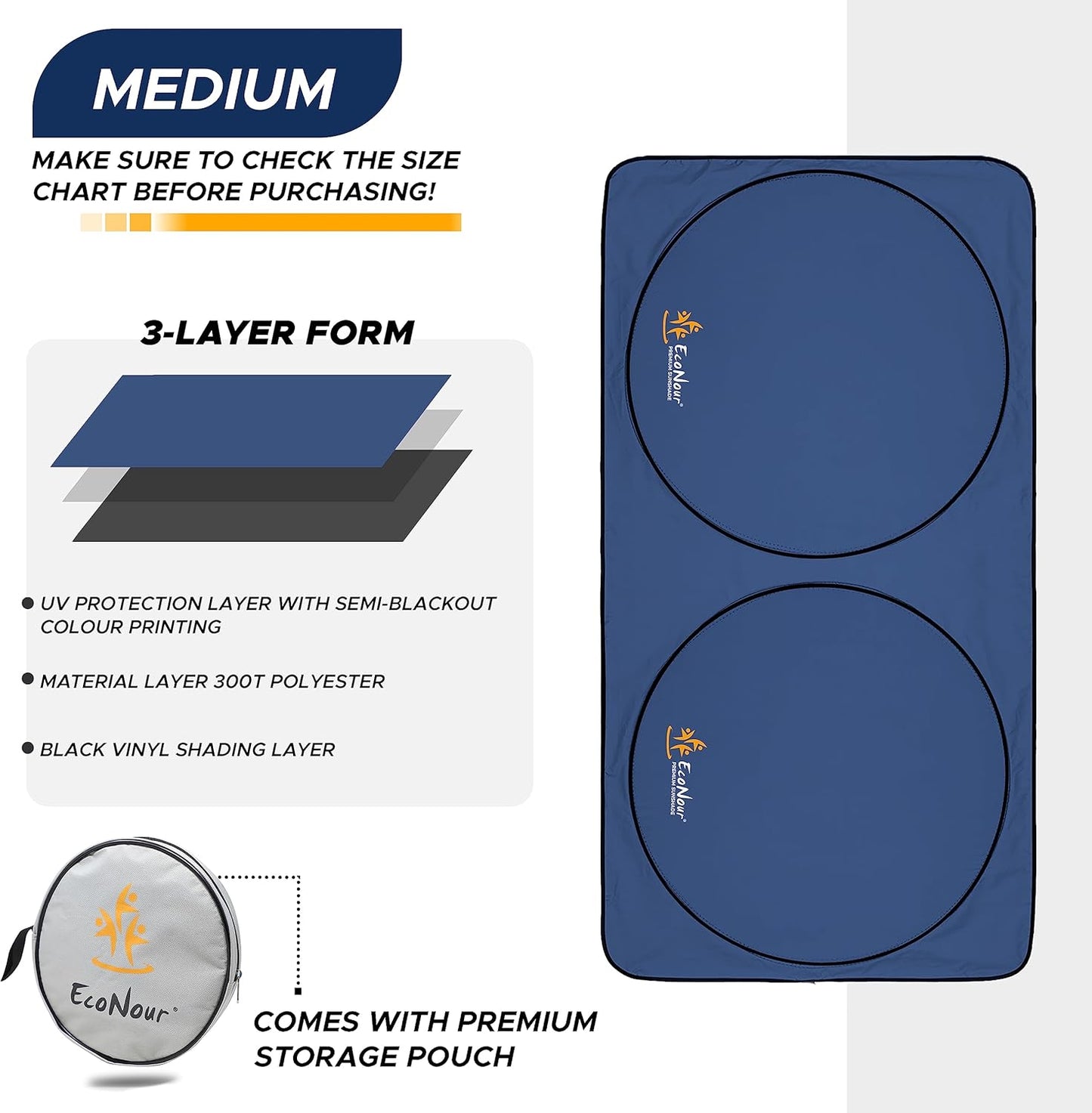 EcoNour Car Windshield Sun Shade | Premium 300T Polyester Automotive Heat Shield | Sunshade for Car Windshield, Front Window Sun Shade, UV Glare Protection | Fits Sedans, Mini SUVs, Hatchbacks (64x32)