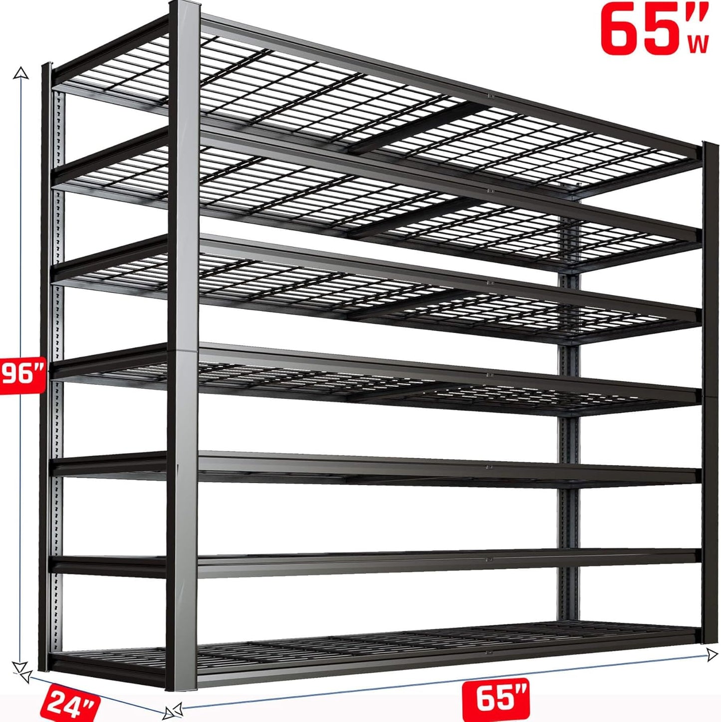 65" W Garage Shelving Heavy Duty, 7 Tier Garage Shelves, 65" W x 96" H x 24" D Adjustable Storage Shelving Unit, Commercial Metal Shelves for Warehouse, Basement,2 Pack