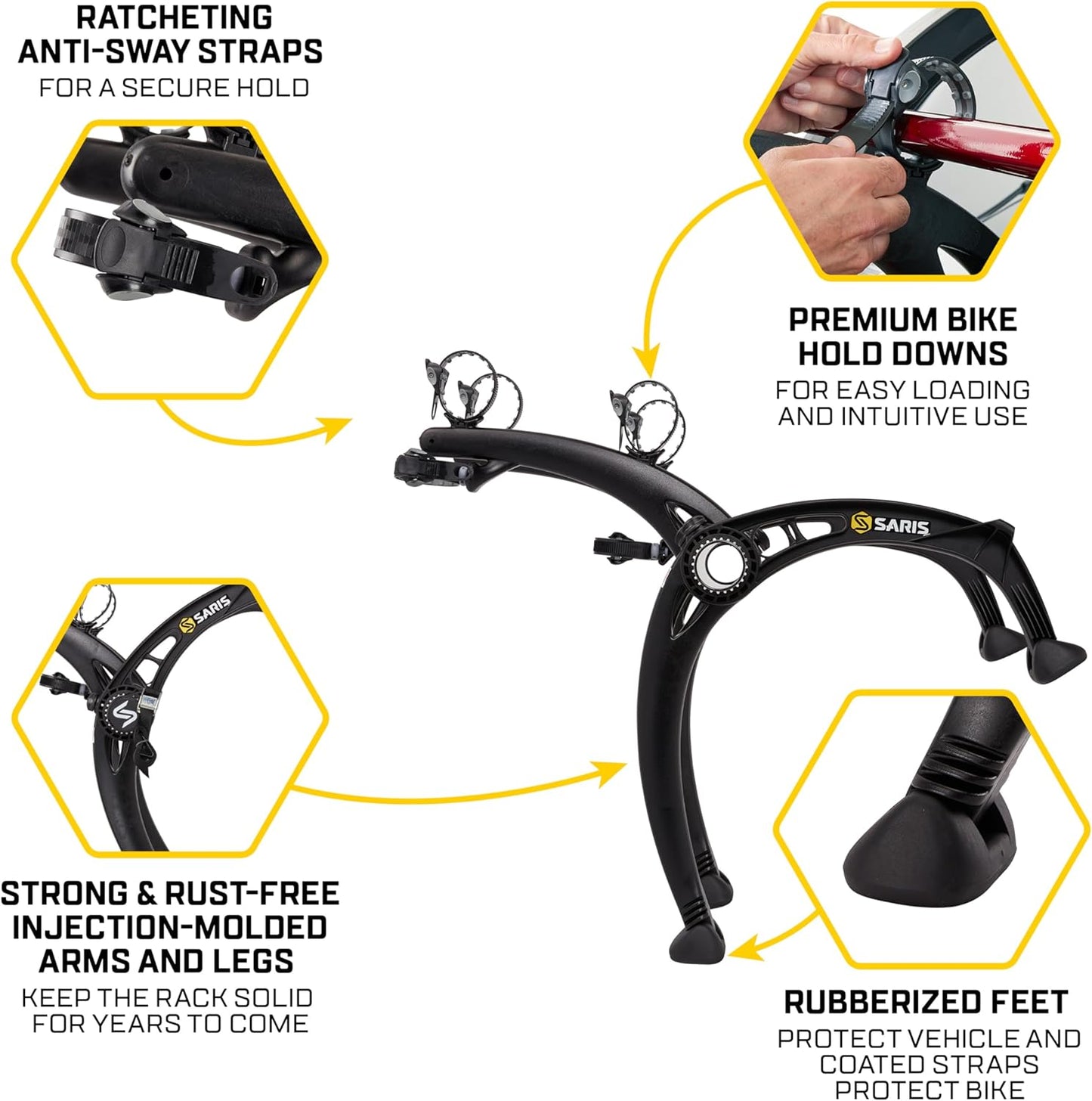 Saris Bones EX 2-Bike Trunk Rack Bicycle Carrier, Durable, Rust-Free, Anti-Sway Straps, Made in USA, Arc-Based Design, 100% Recyclable Materials