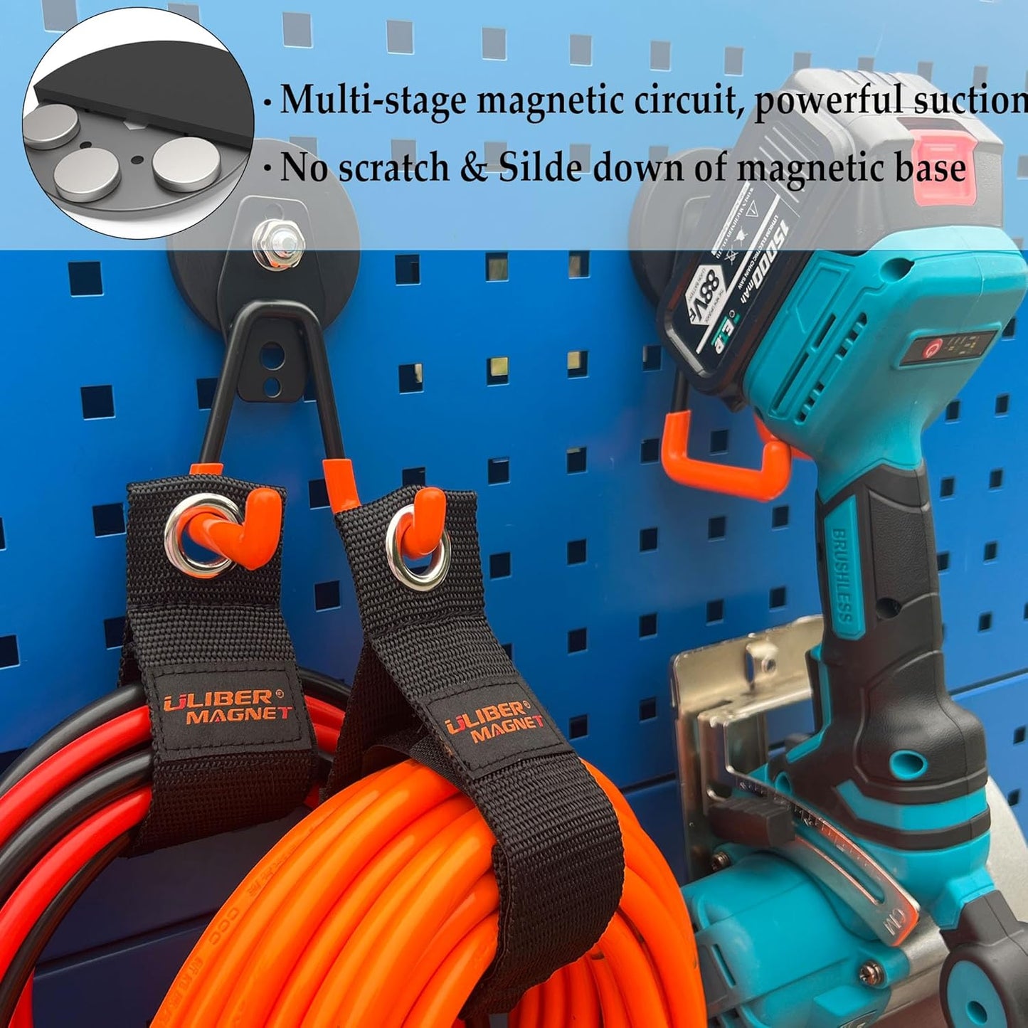 ULIBERMAGNET Heavy Duty Large Garage Magnet Hooks, 3 Pack Strong Storage Utility Magnetic Hooks with Anti-Slip Coating for Pegboard,Garage Shelve Hanging (Orange)