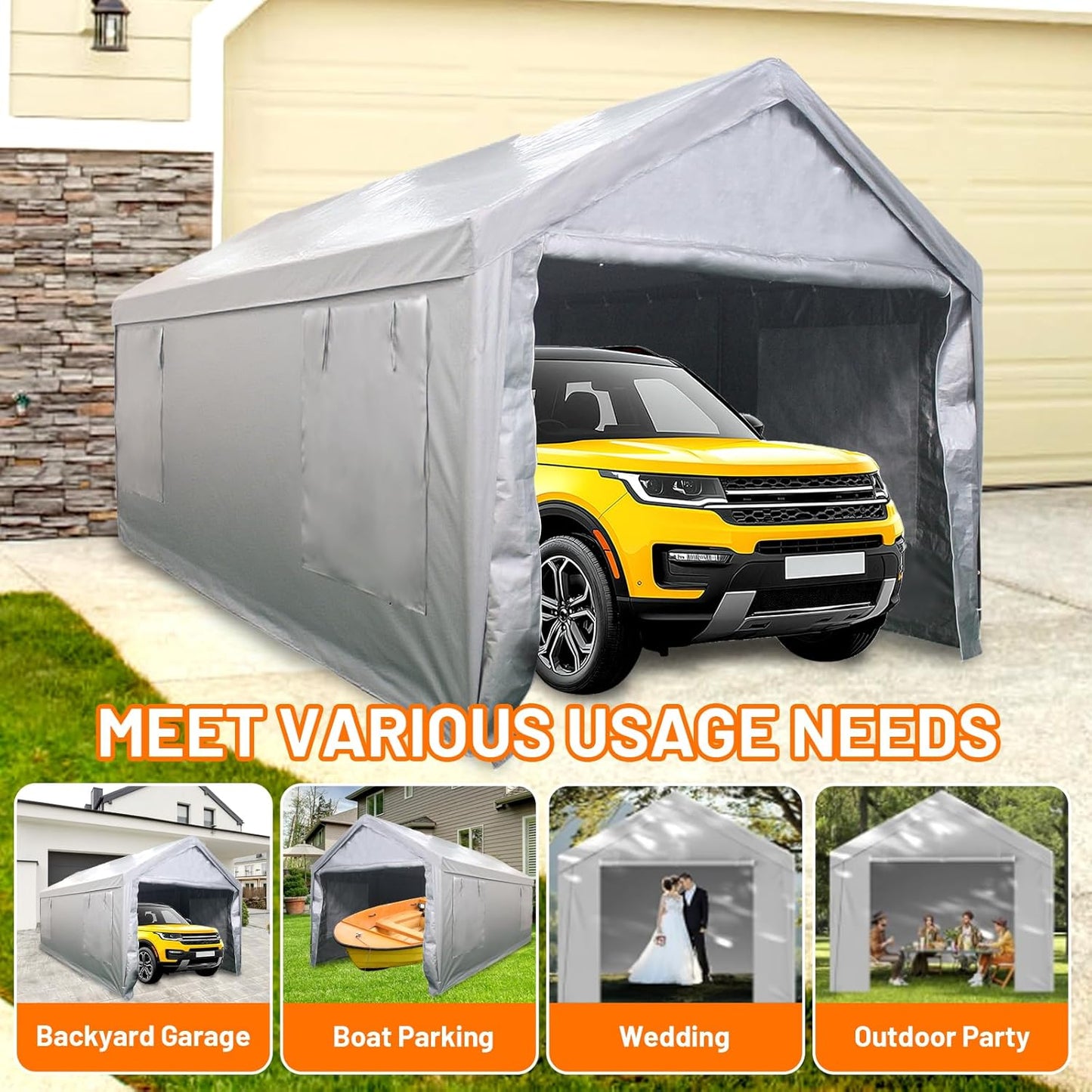 Auraway Carport 12'x20' All-Season Portable Garage Carport, Heavy-Duty Canopywith Roll-Up Vent Windows, Front and Rear Zip Doors, Sandbags, for Cars, Motorcycles and Outdoor Storage (Grey)