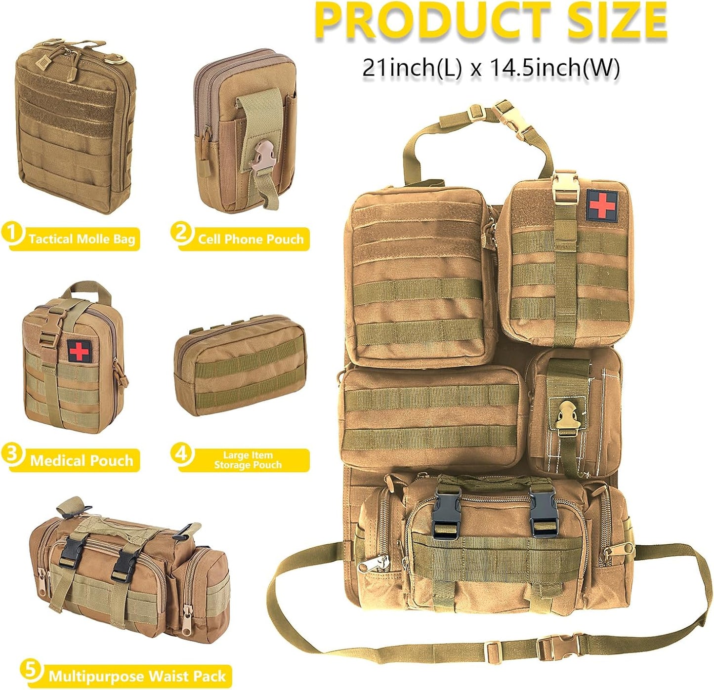 Universal Tactical Seat Back Organizer Vehicle Molle Panel Organizer Storage Bag with 5 Detachable Molle Pouch for All Vehicel Such as Jeep,Truck,SUV, Car, Ford,Chevy etc