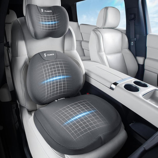 FLORICH Seat Cushion and Lumbar Support Pillow for Office Chair Car, Car Neck Pillow, Ergonomic Memory Foam Back Support for Office Gaming Chair Wheelchair, Relieves Neck, Back & Sciatica Pain – Gray