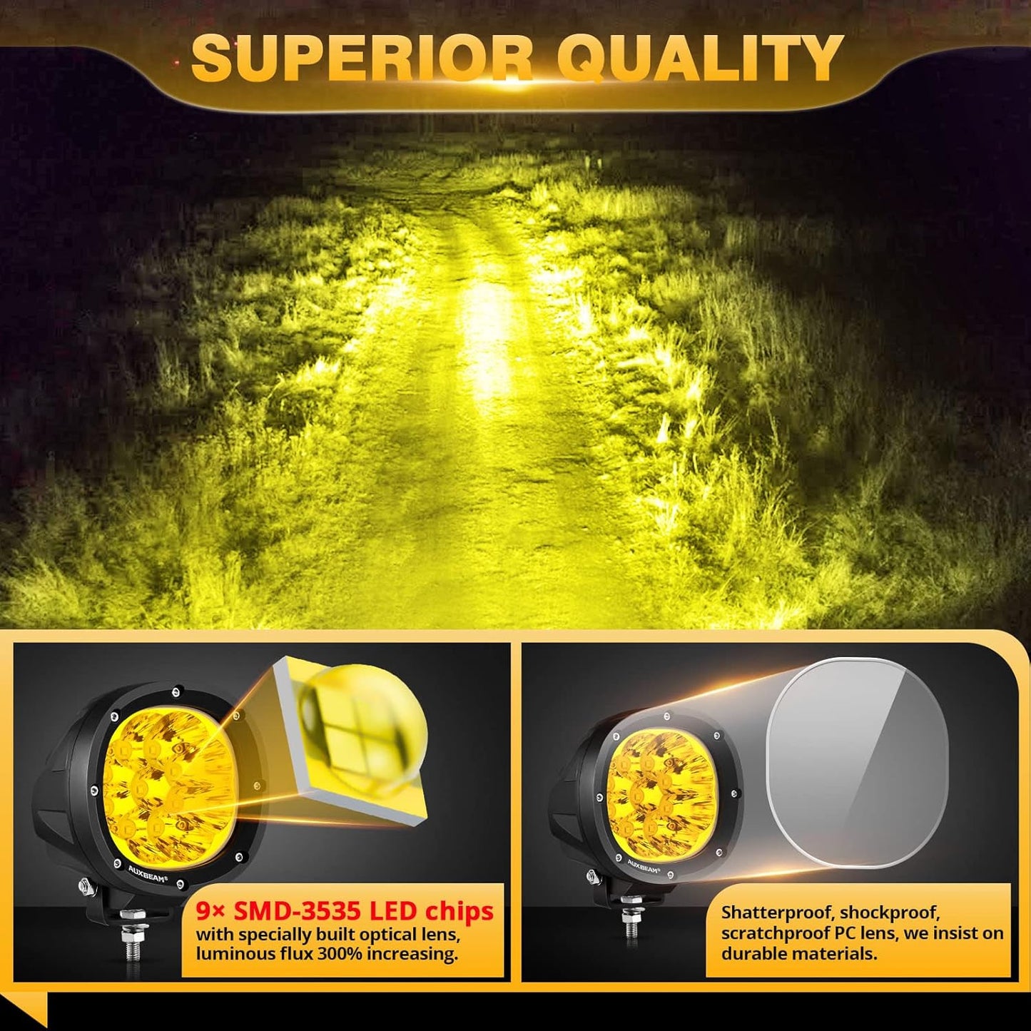 Auxbeam P4 Series LED Amber Fog Lights, 4 Inch 90W Yellow Round Offroad Light Bar, Spot Beam Off Road LED Pods Bumper Ditch Lights, for Trucks Car Motorcycle UTV, Pair