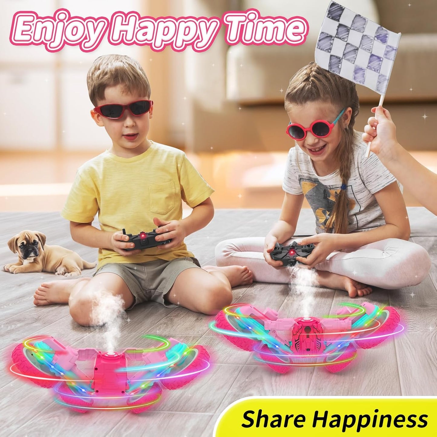 Remote Control Car for Girls, RC Cars 2.4GHz Fast RC Stunt with Strip Light, RC Trucks with Spray 4WD 360° Rotating, Off Road RC Cars Xmas Birthday Gift for Girls (Pink)