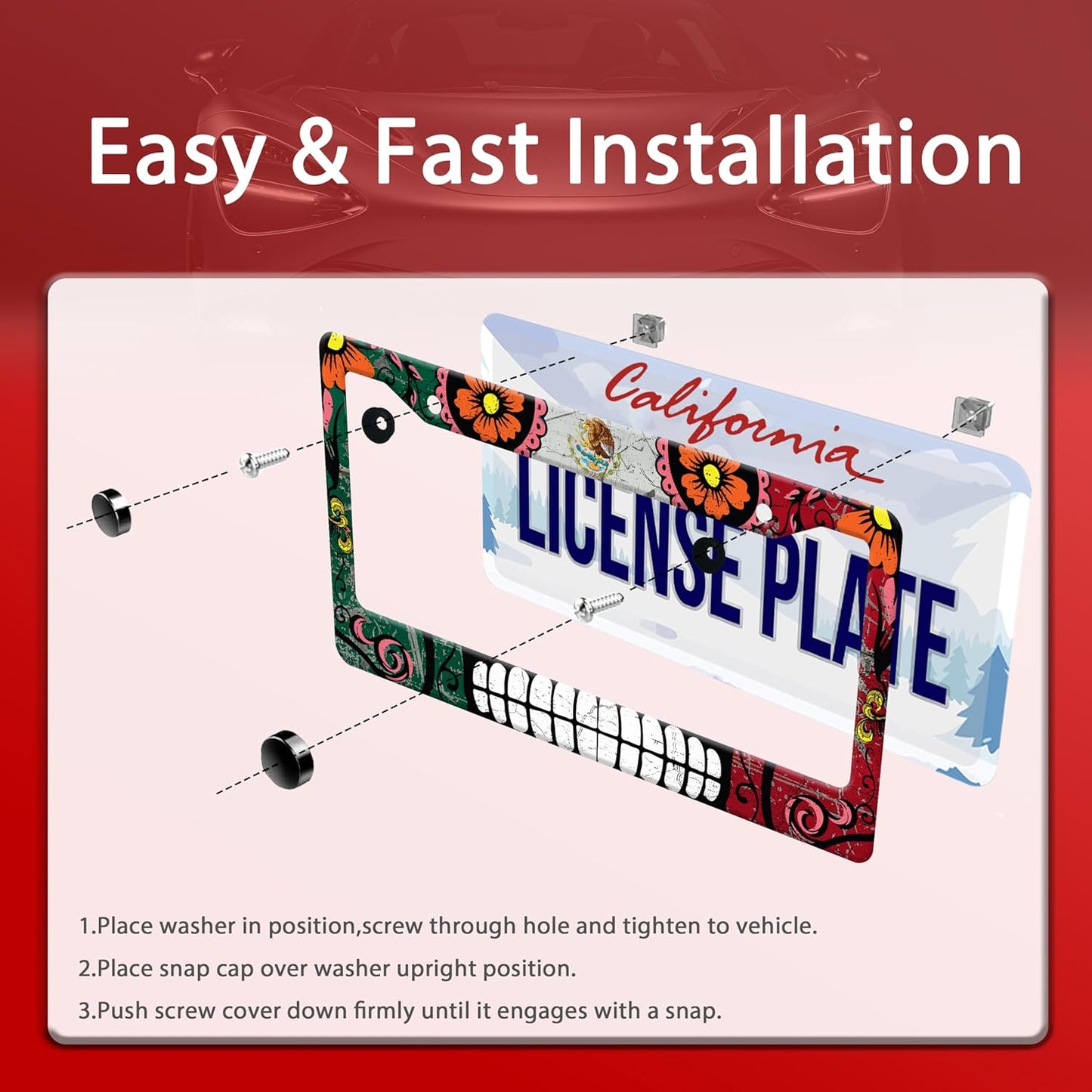 Personalized License Plate Frame Stainless Steel Mexico Flag Skull Funny Car License Plate Accessory Decorative 2 Holes and Screws Fits Us Standard License Plates Size: 12.2 X 6.3 Inch for Men Women