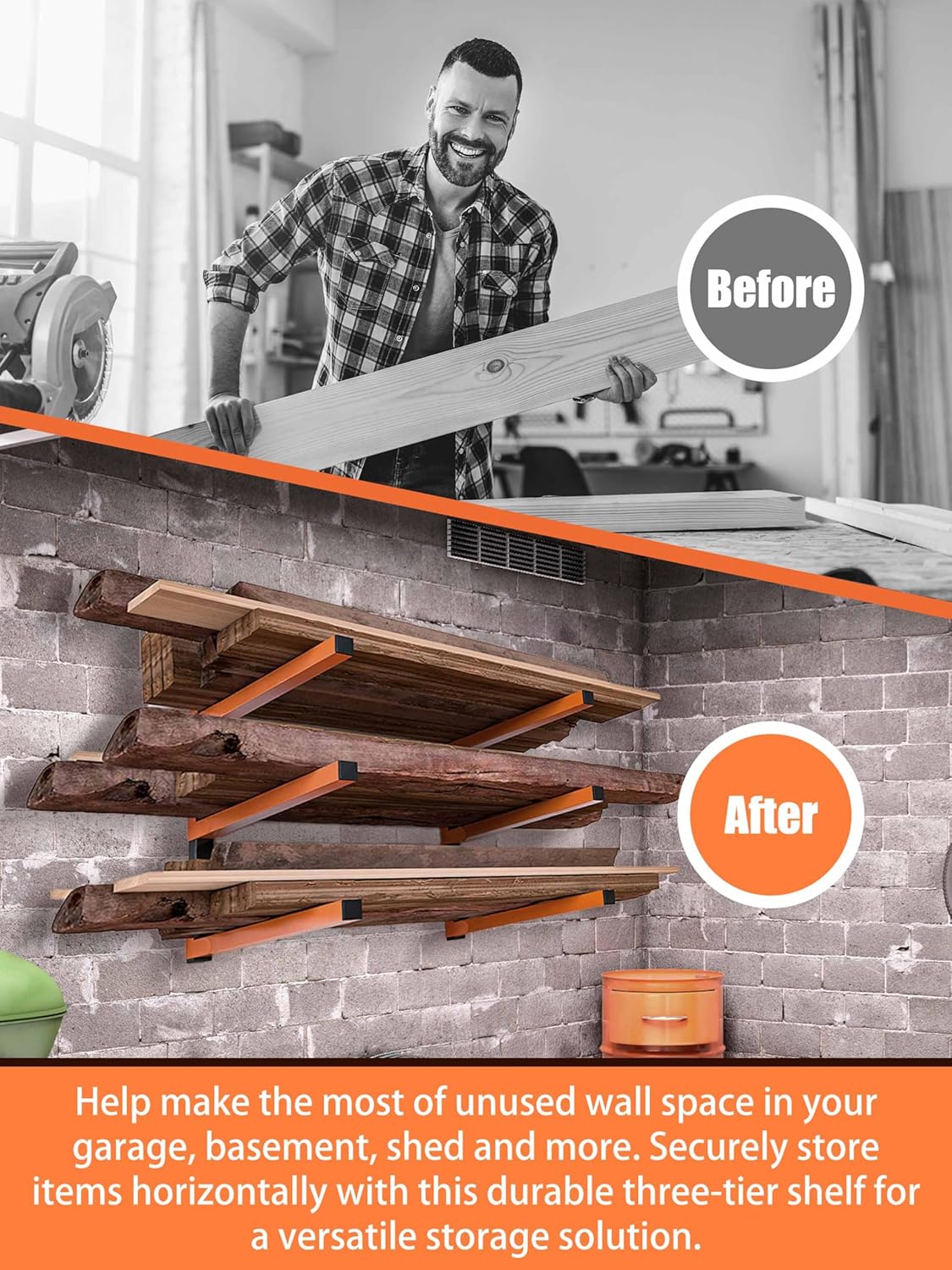 Caliee lumber Storage Rack Wall Mount, 3-Tier Garage Storage Organizer Holds Up to 1400 lbs, Lumber and Tool Rack for Garage, Basement, Workshop, Rustproof & Space-Saving Design (2)