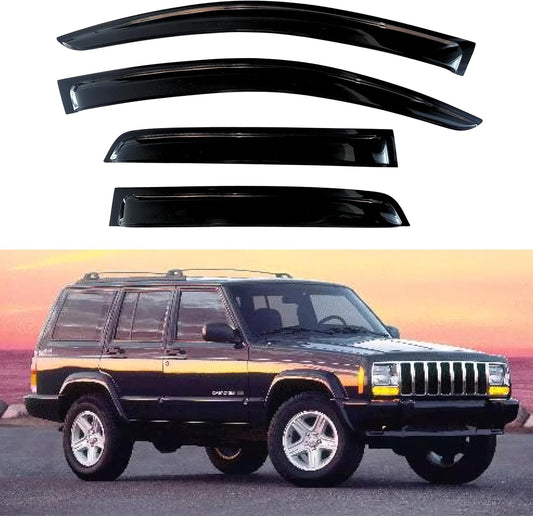 KPY Window Visor Compatible with Jeep Cherokee 4-Door 1984-2001 (Excludes Limited Model), 4PC Rain Guard Side Window Vent Deflectors Tape-On Style, 1992 1993 1994 1995 1996 1997 1998 1999 2000 2001