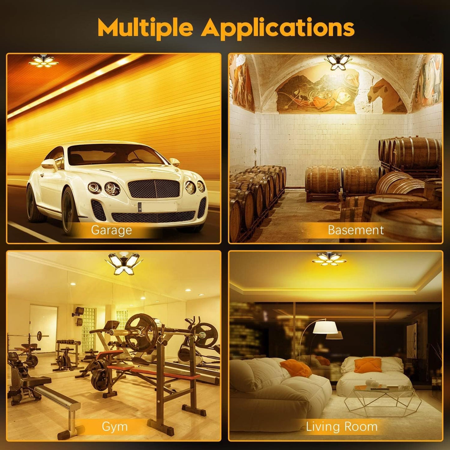 TANBABY 2 Pack Garage Light Warm 150W Led 3000k Garage Lighting 12000LM [Equivalent] Deformable Garage Light Ceiling with 6 Panels E26/E27 Base Illuminator 360 Basement Lights for Shop