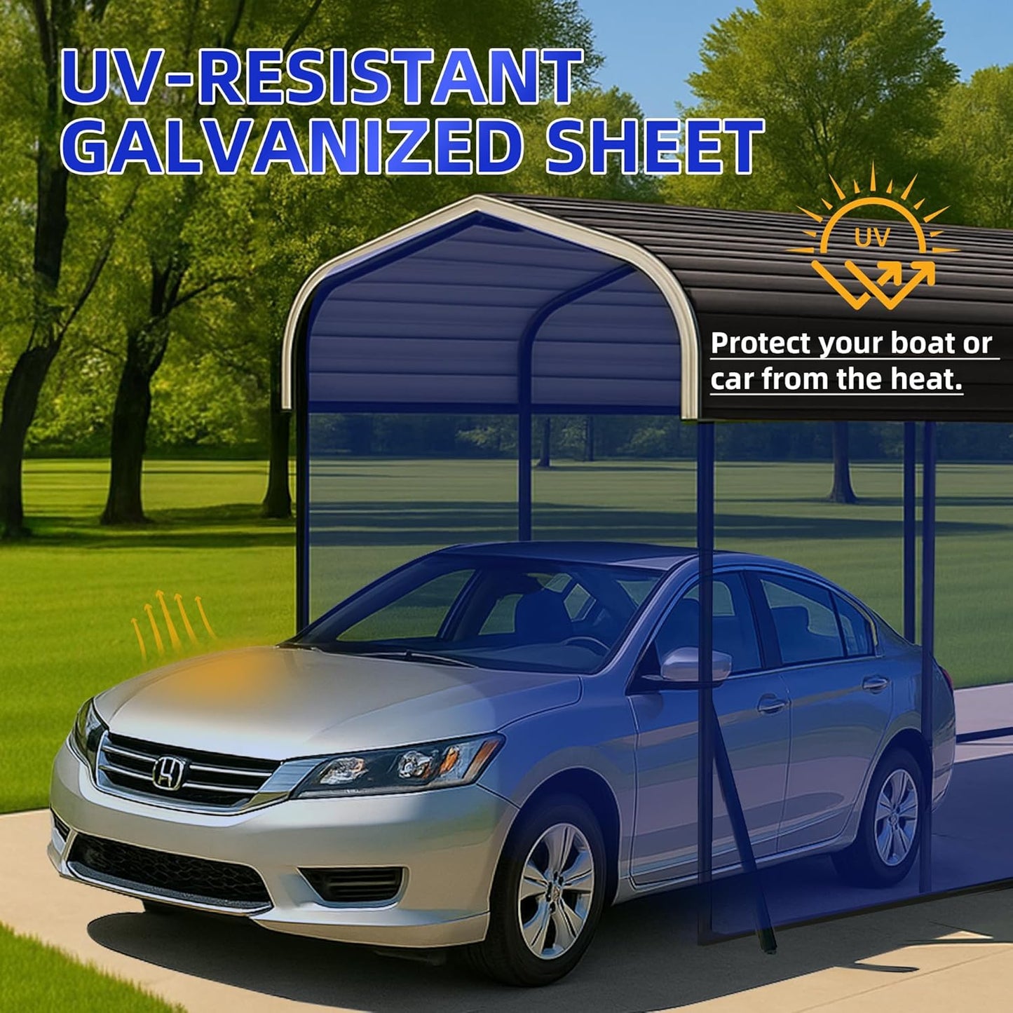 10x15 Metal Carport with Base Fixings Heavy Duty Garage Outdoor Chrome Plated Frame and Sheet Metal Construction Suitable for Boats, Cars, Tractors and Agricultural Equipment, Dark Gray