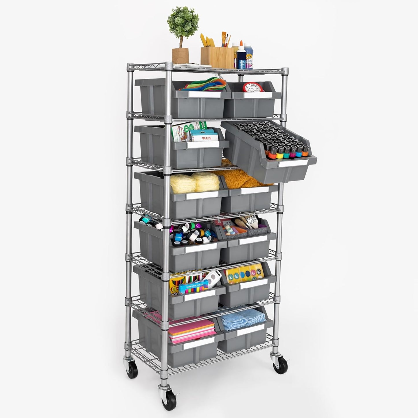 Seville Classics Heavy Duty NSF Bin Rack Solid Steel Wire Shelving Storage Unit, Patented Organizer for Garage, Warehouse, Office, Restaurant, Classroom, Kitchen, Gray, Includes 12 Bins