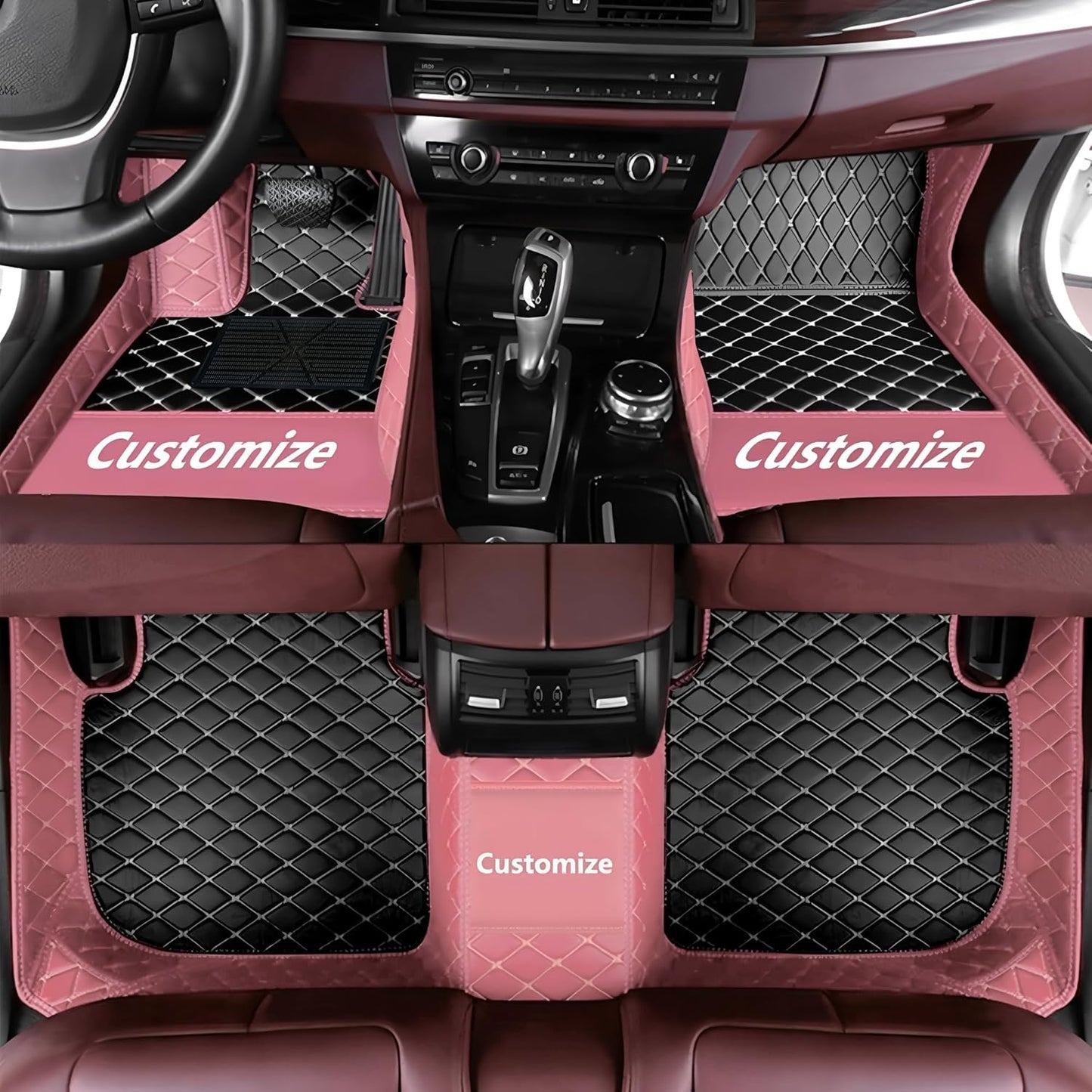 Custom Personalized Floor Mats for Cars，Luxury Full Coverage All Car Floor Mats，Anti-Slip Leather Car Mat Set ，Custom Floor Mats for 99% of Cars, Trucks & SUVs. (Pink and Black)
