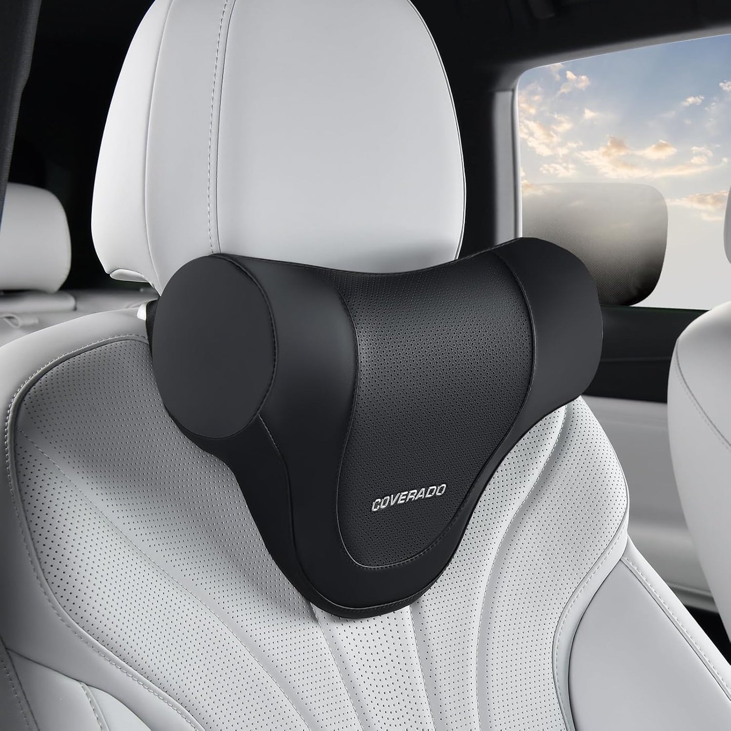 Coverado Car Headrest Pillow, Ergonomic Memory Foam Car Neck Pillow for Driving Seat with Adjustable Strap, Soft PU Leather Breathable Removable Cover Neck Support for Neck Pain Relief