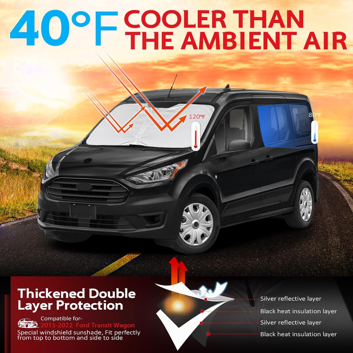 KAYZT Windshield Sun Shade for 2015-2025 2026 Ford Transit Wagon XL,Wagon XLT (Not for Transit Connect), Foldable Sunshade Front Window Custom Fit Car Accessories