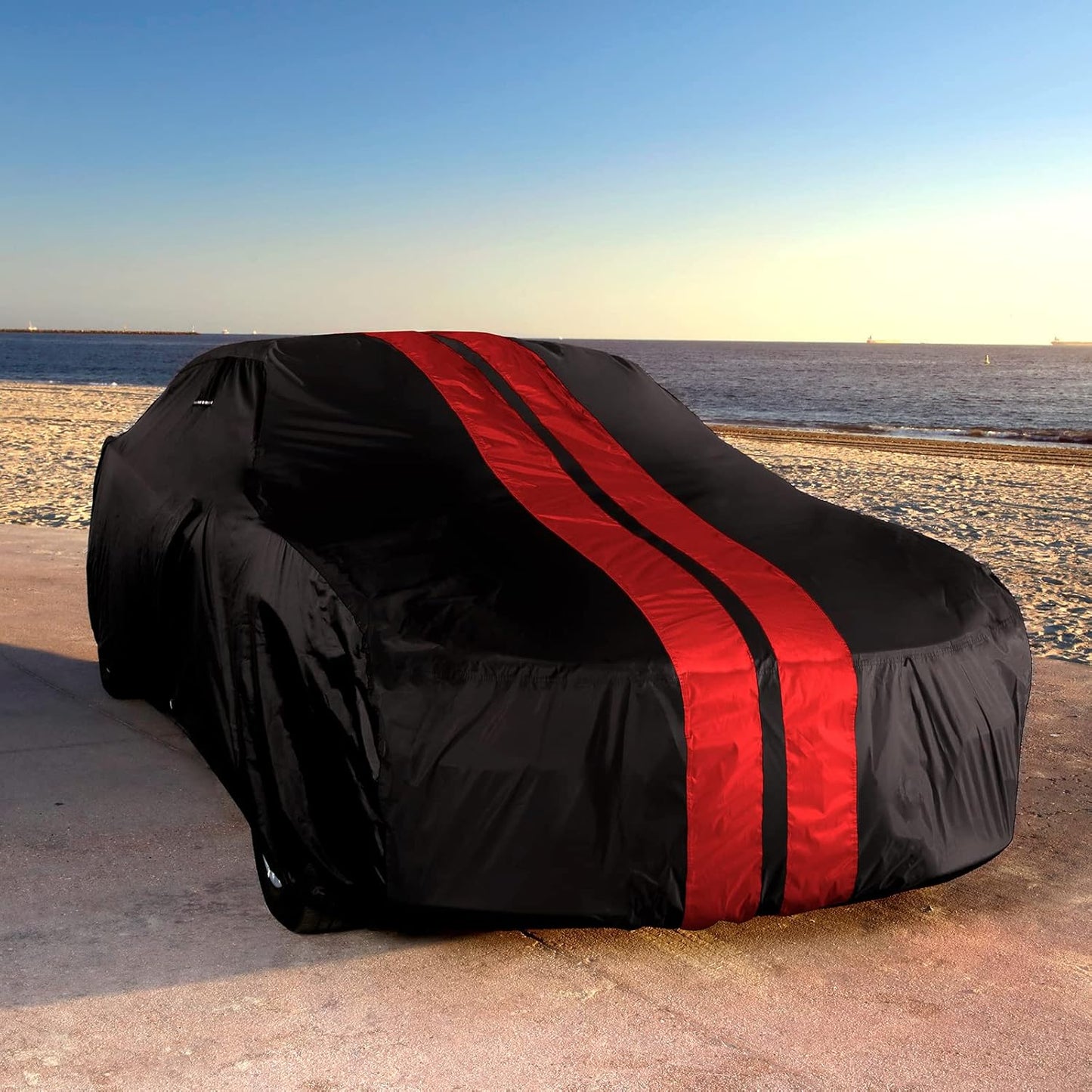 iCarCover Custom Car Cover for 1969-1973 Ford Mustang Waterproof All Weather Rain Snow UV Sun Protector Full Exterior Indoor Outdoor Car Cover (Stripe - Black/Red)