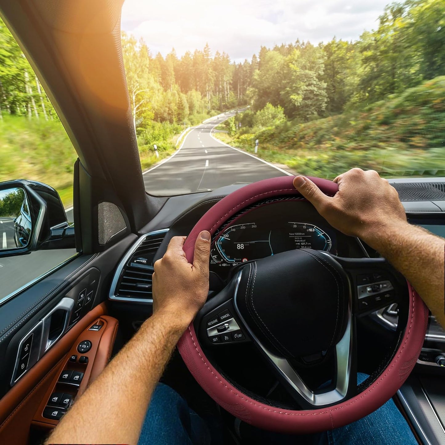 【2025 Model】 Breathable Soft Leather Car Steering Wheel Cover for Men Women, Non-Slip, Comfortable,Universal 15 inches Steering Wheels, Red