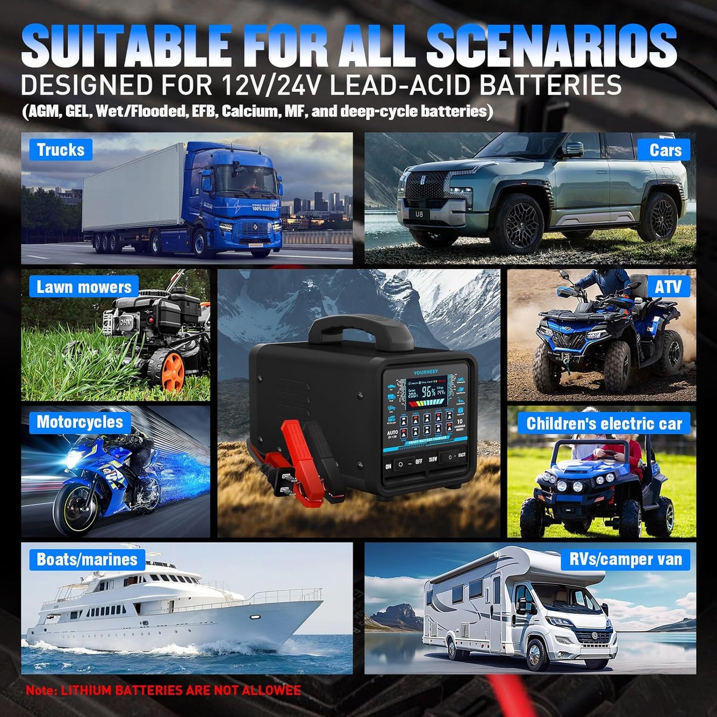 12V/24V 0-20A Heavy Duty Battery Charger/Maintainer with Auto Shutoff, Repair & Winter Mode, 10 Modes & Color Screen for Car, Truck, Motorcycle, RV, Boat, Lawn Mower, cargador de batería de carro