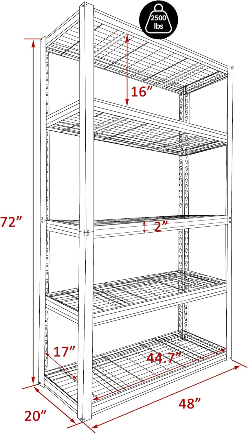 MUPATER 48" W x 20" D x 72" H Metal Storage Shelves, Garage Shelving Unit, Standing Utility Shelf Racks, 5 Tier Shelves and Adjustable Shelves for Garage Kitchen Warehouse