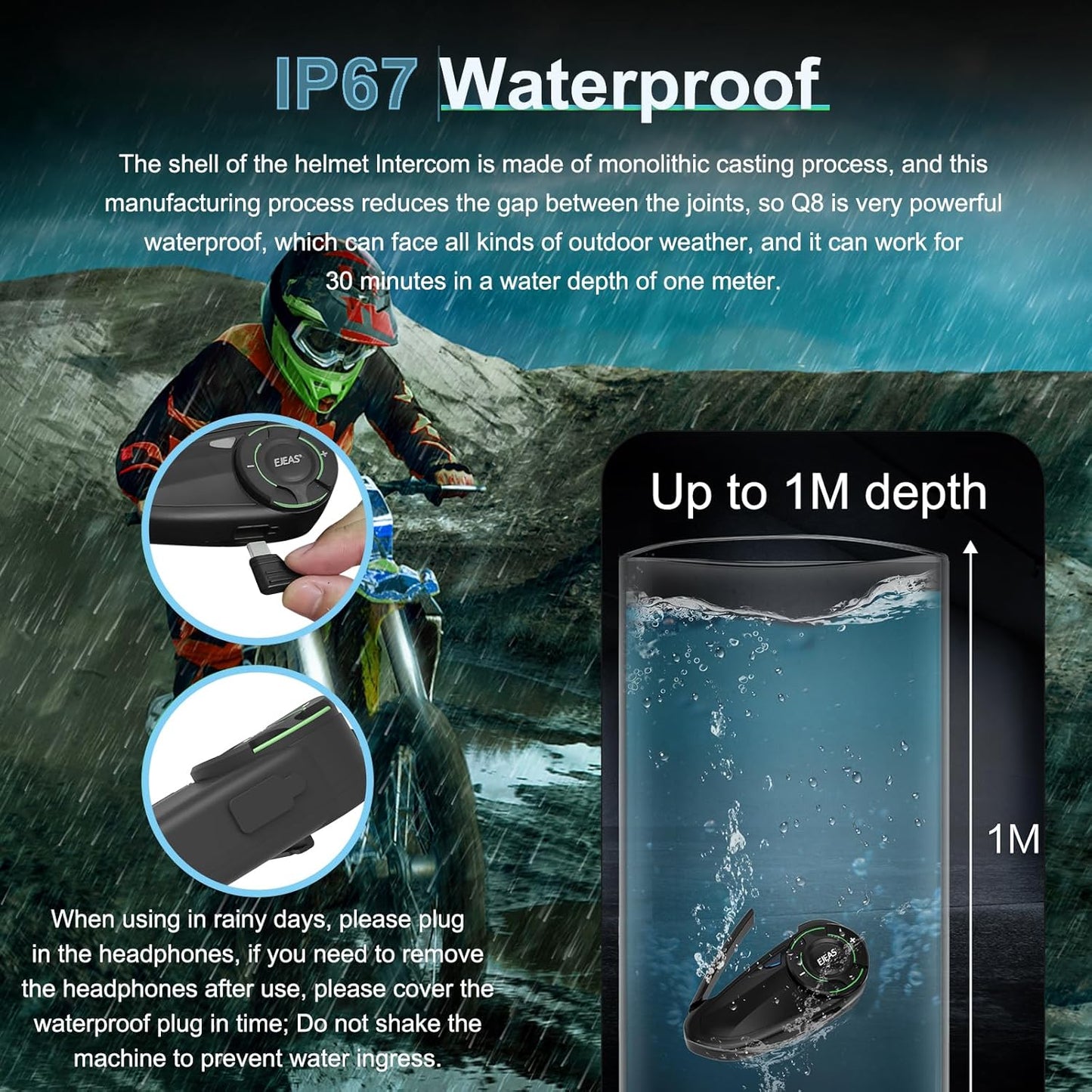 Q8 Motorcycle Helmet Bluetooth Intercom Headset, 230hours Standby, 6 Riders Mesh Communication Systems with Audio Multitasking, Music Sharing, Noise Cancellation, FM Radio, Loud Interphone -1 Pack