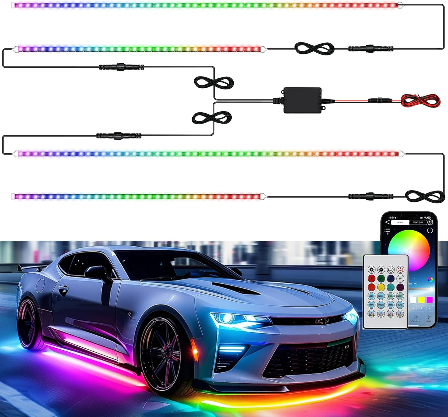 Underglow LED Lights for Cars 180 LEDs RGBI Neon Accent Strip Lights with App 16 Million Colors DIY & Music Mode Underbody Exterior Lights Kit for RV SUV Truck Boat 12V
