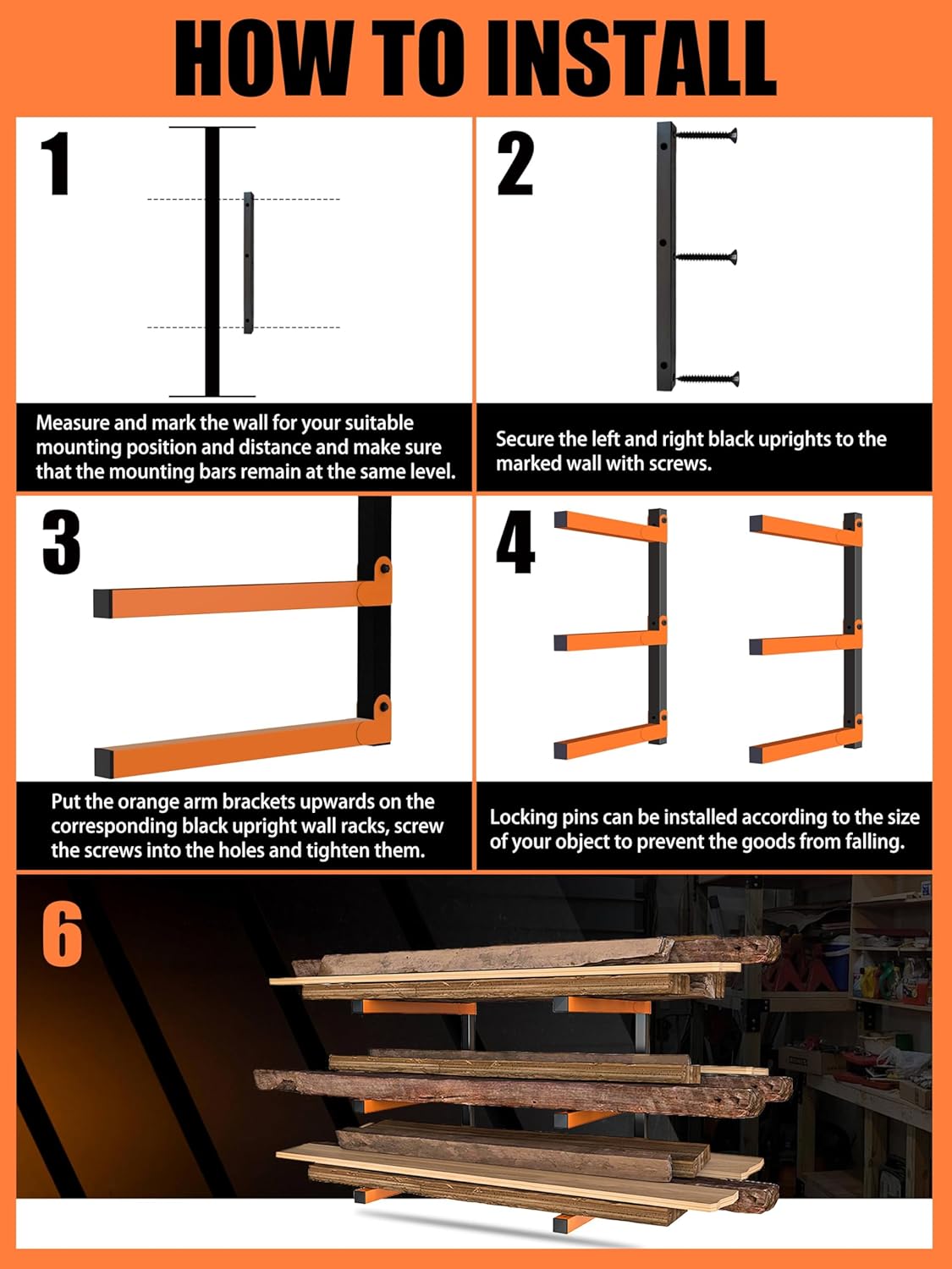 Caliee lumber Storage Rack Wall Mount, Heavy Duty Wood Storage Racks With 6-Level System Holds Up to 1400 lbs, Garage Shelf Wall Mount, Basement, Workshop, Rustproof & Space-Saving Design (4)