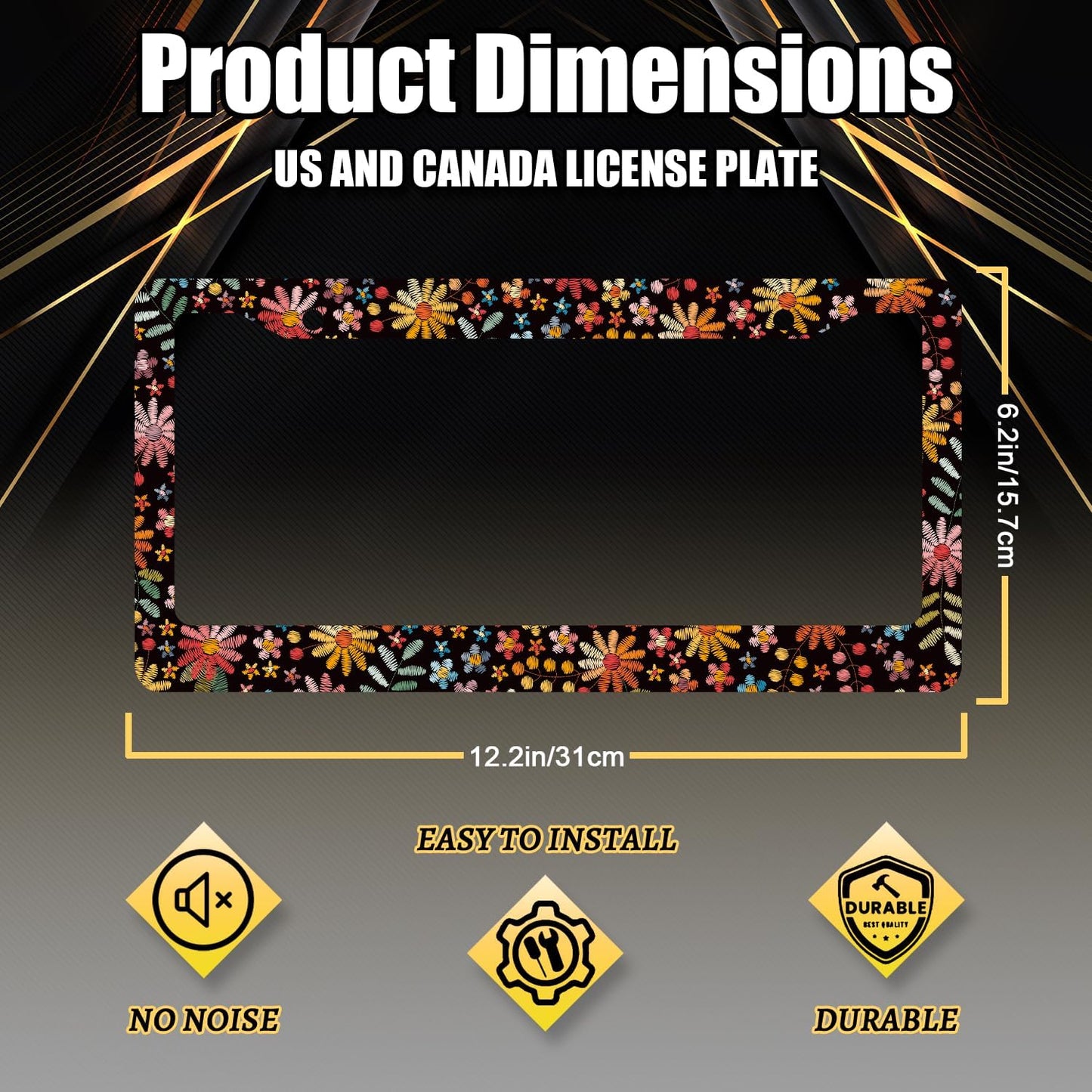 Beautiful Flowers License Plate Frame Colorful Floral License Plate Holder Stainless Steel Flower Colorful Car Accessories Decoration 6.3"X12.3" with 2 Holes Screws