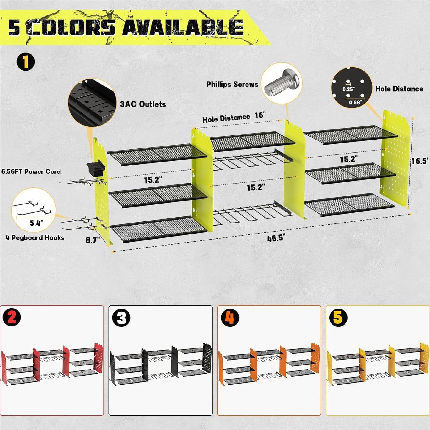 Power Tool Organizer with Charging Station Wall Mount, 3 Layer Expanded Heavy Duty Garage Organization, 45.5 Inch Length Garage Tool Storage, 8 Drills, 2 Assemble Method, Green