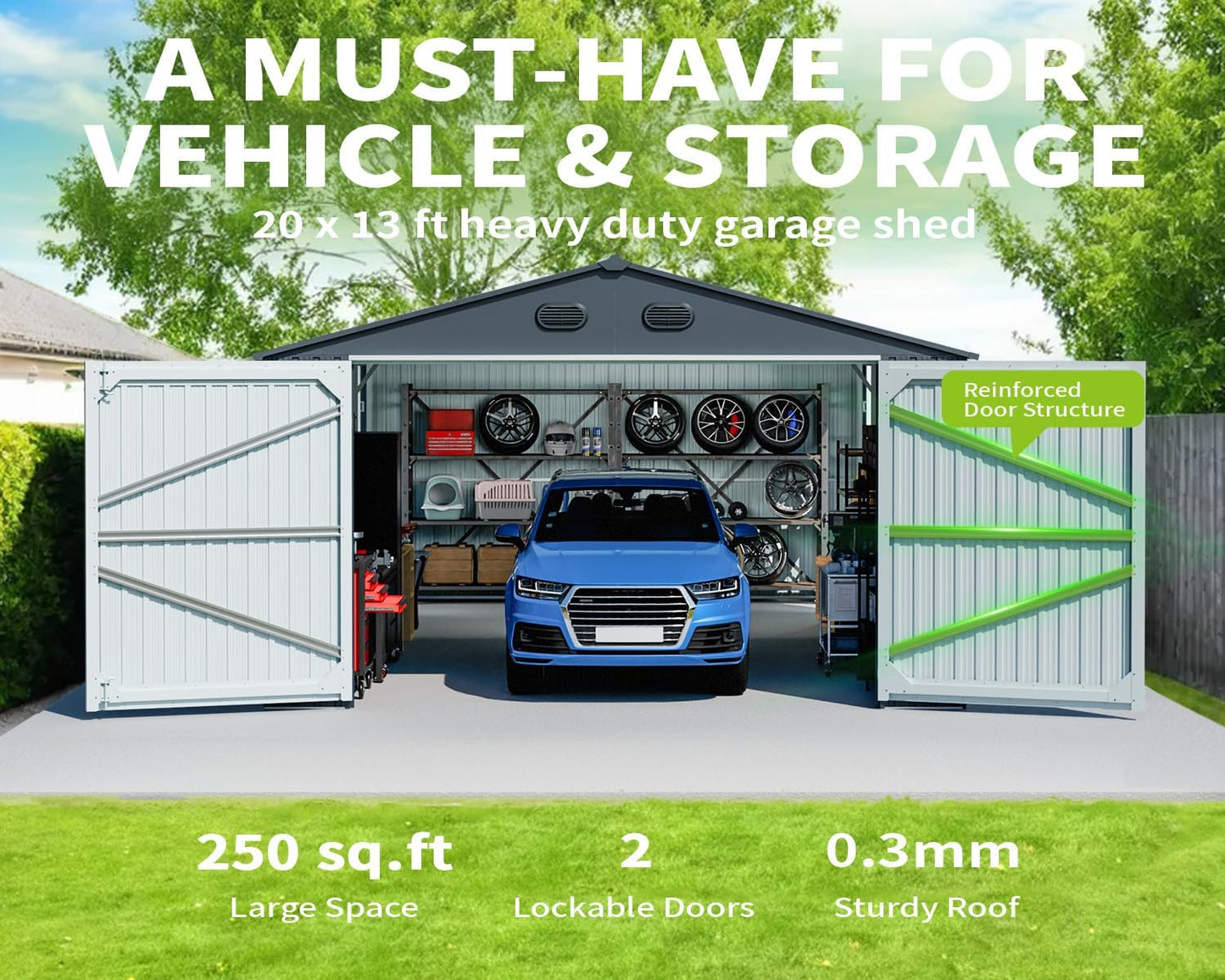 20 x 13 FT Outdoor Storage Shed, Large Metal Garden Shed with 2 Lockable Doors, Tool Shed Outdoor Storage with 4 Air Vents, Garage Shed Waterproof for Car, Truck, Bike, Garbage Can, Tool, Dark Gray