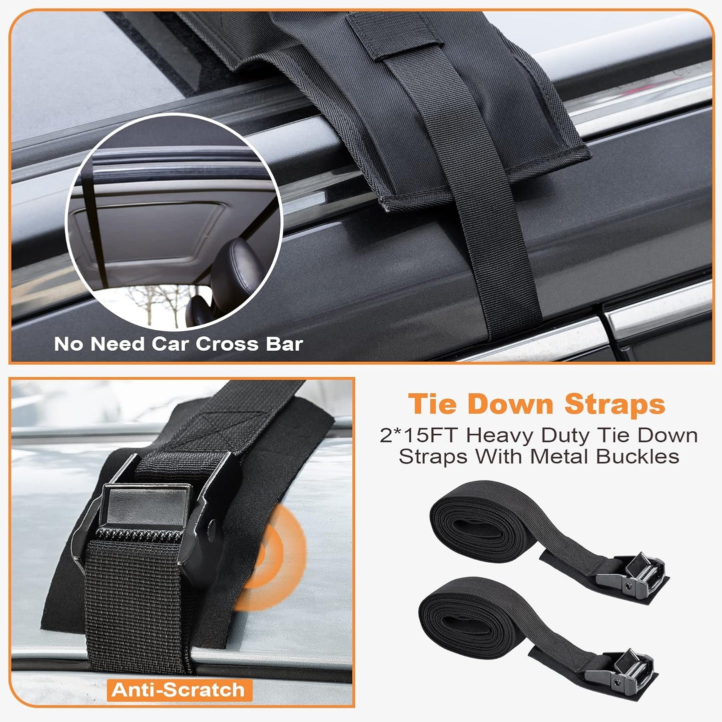 Golkcurx Universal Soft Roof Rack Pads for Kayak,Surfboard, SUP, Canoe, Snowboard with15FT Tie-Down Straps*2 and Storage Bag*1 (Black)